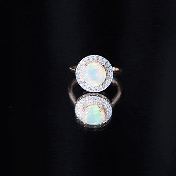 Vintage Inspired 8mm Ethiopian Opal Engagement Ring with Diamond Halo AAA - Rosec Jewels
