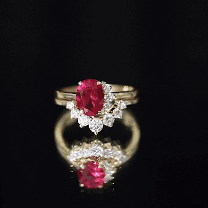 Oval Created Ruby Solitaire Wedding Ring Set with Diamond AAAA - Rosec Jewels