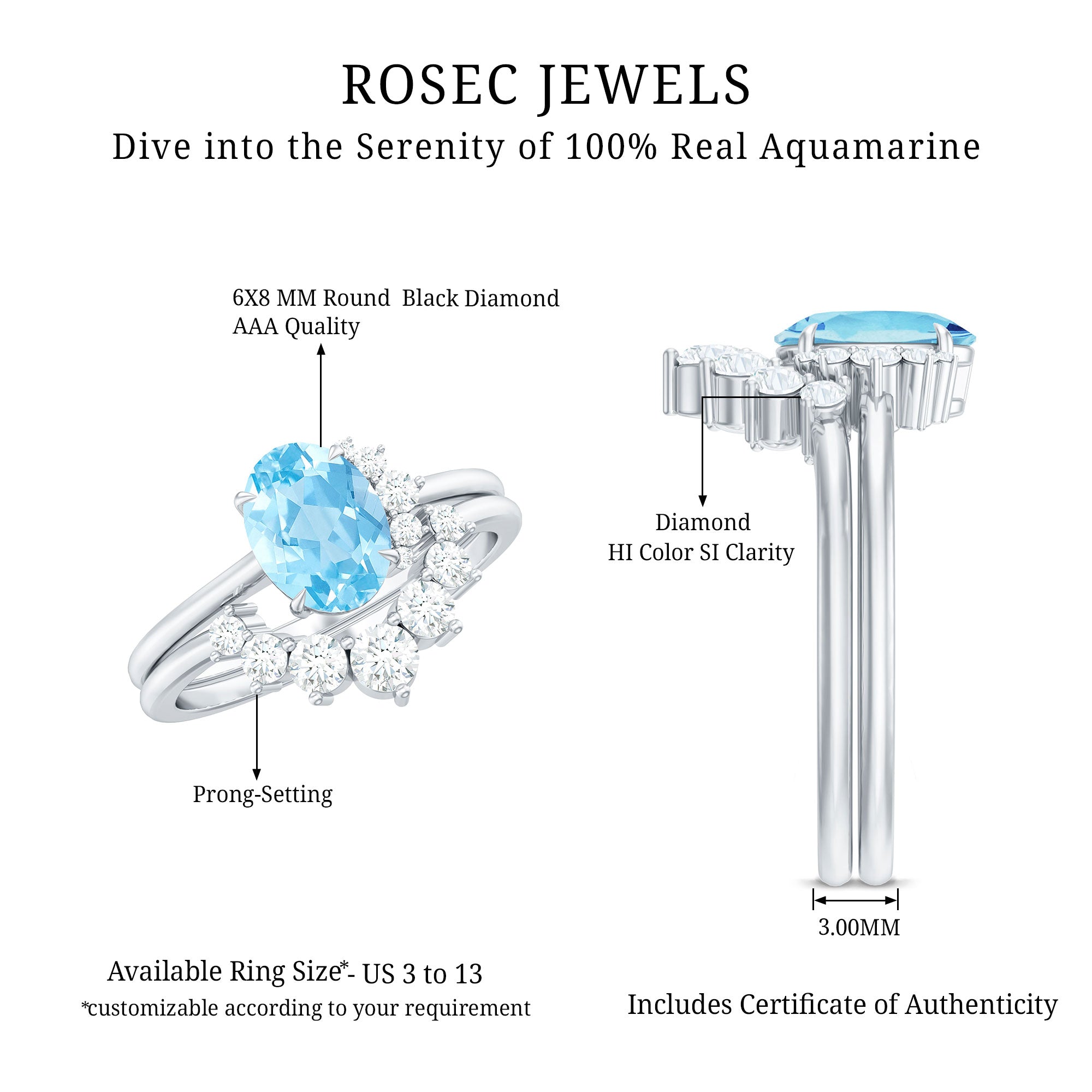 Rosec Jewels-Oval Cut Aquamarine and Diamond Engagement Ring Set
