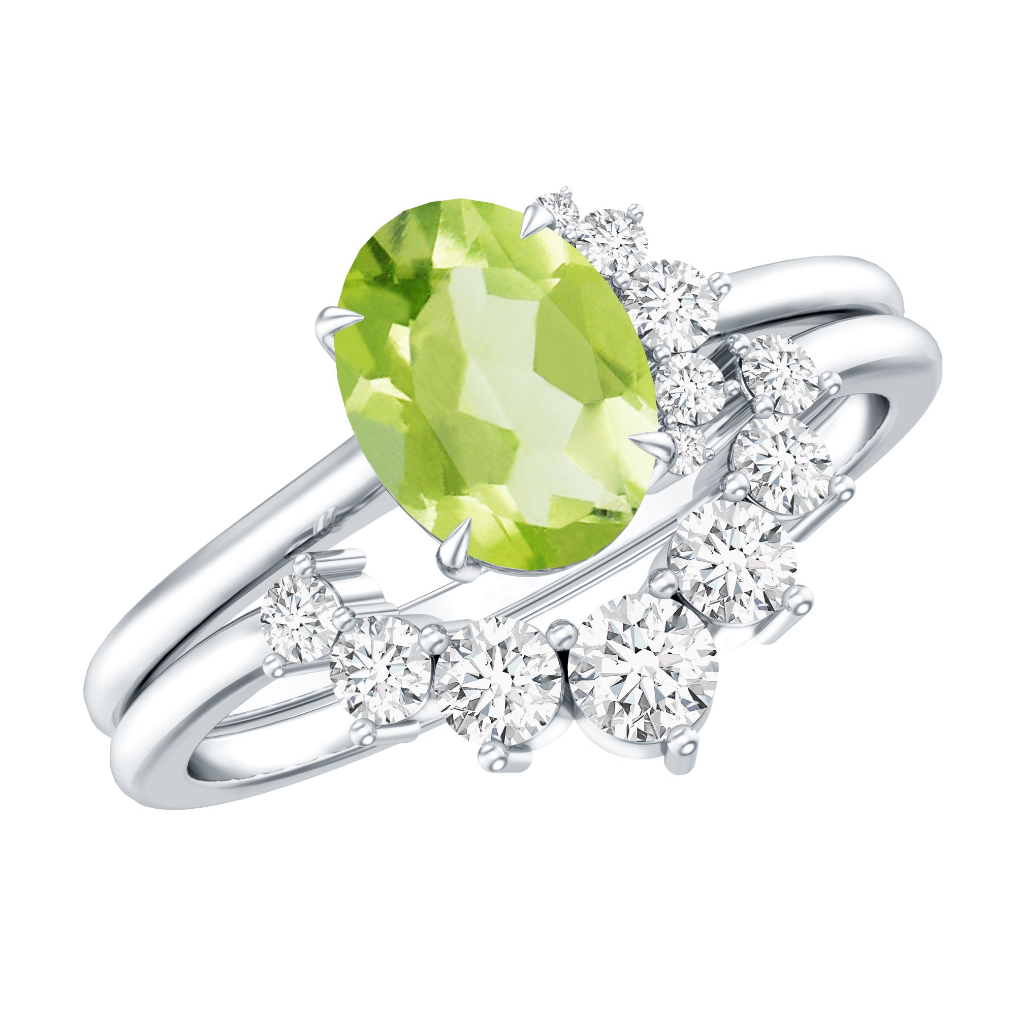 Real 1 Carat Oval Peridot Engagement Ring with Diamond Wedding Band AAA - Rosec Jewels