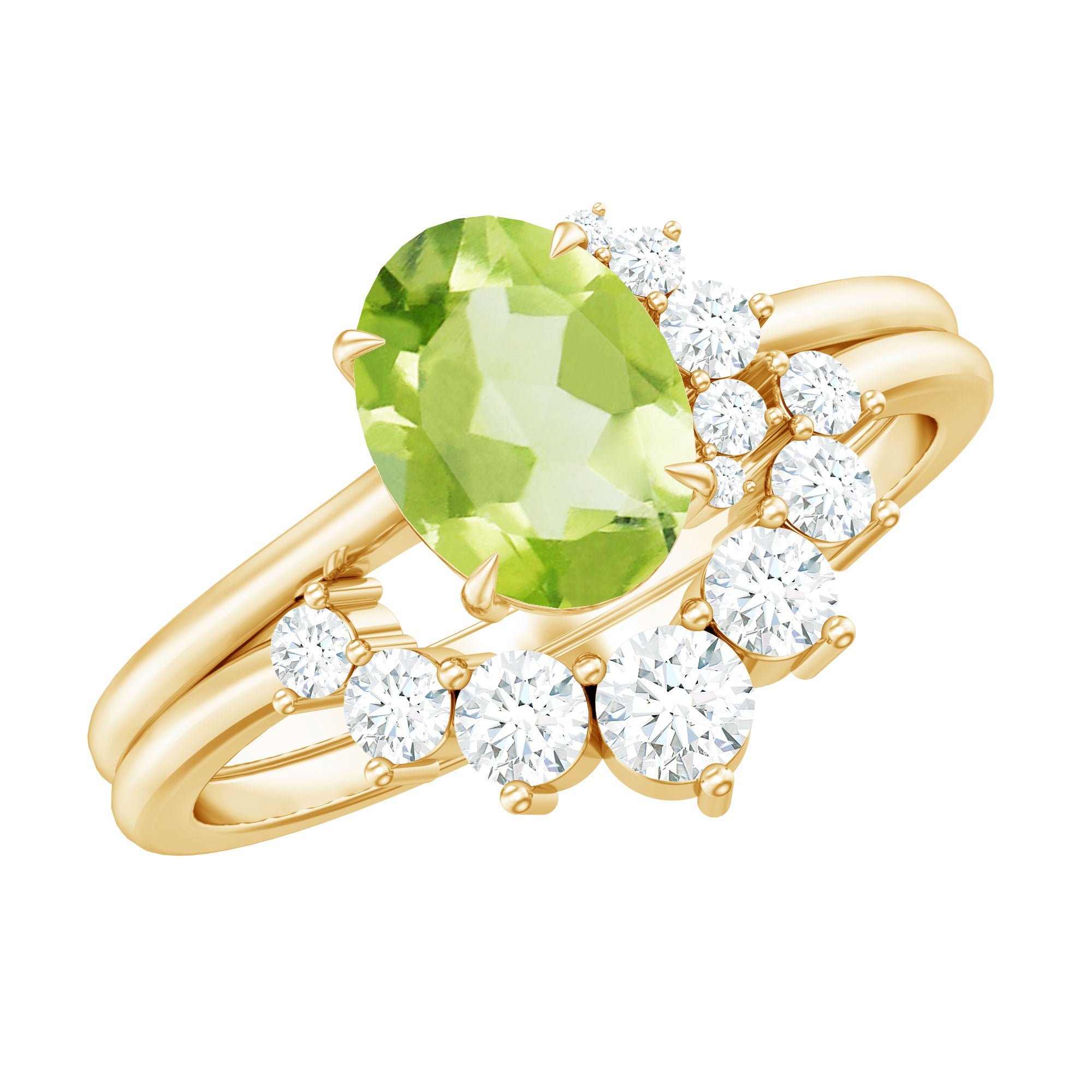 Real 1 Carat Oval Peridot Engagement Ring with Diamond Wedding Band AAA - Rosec Jewels