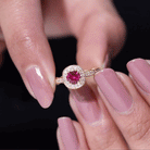 Rosec Jewels-Vintage Inspired Round Created Ruby Engagement Ring with Diamond Halo