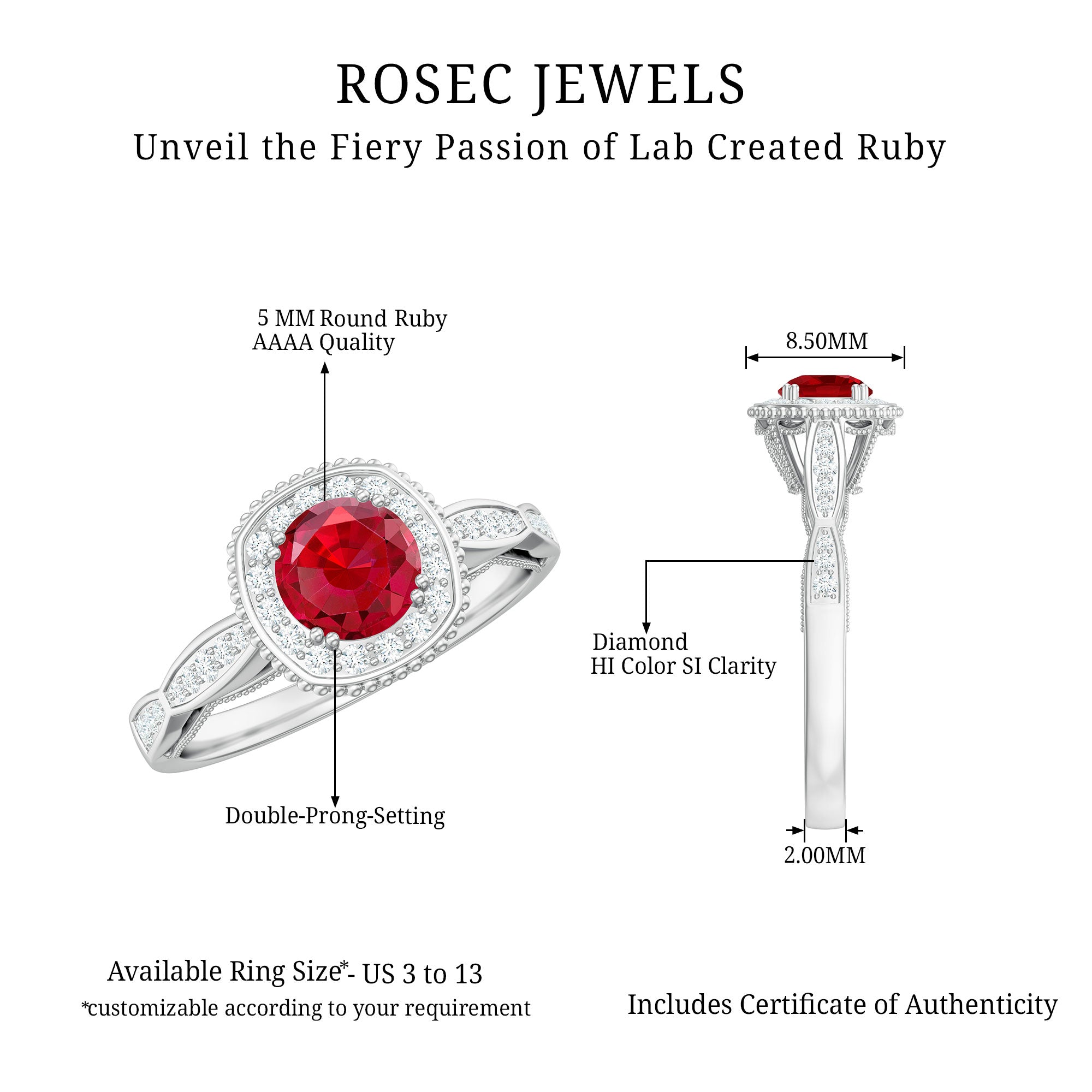 Rosec Jewels-Vintage Inspired Round Created Ruby Engagement Ring with Diamond Halo