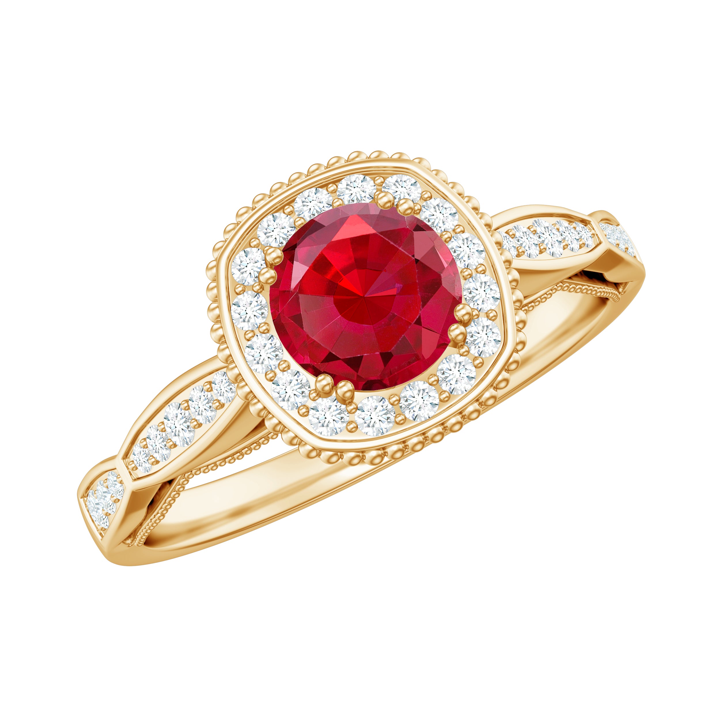 Rosec Jewels-Vintage Inspired Round Created Ruby Engagement Ring with Diamond Halo