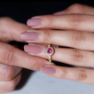 Rosec Jewels-Vintage Inspired Round Created Ruby Engagement Ring with Diamond Halo