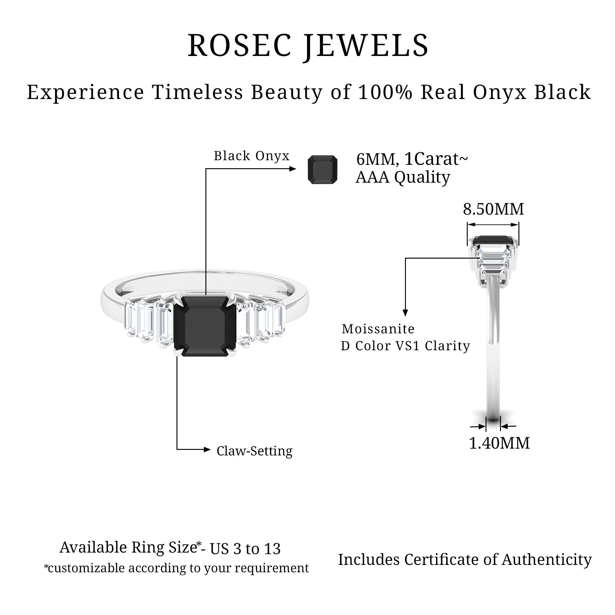 Asscher Black Onyx Engagement Ring with Moissanite Black Onyx - ( AAA ) - Quality - Rosec Jewels