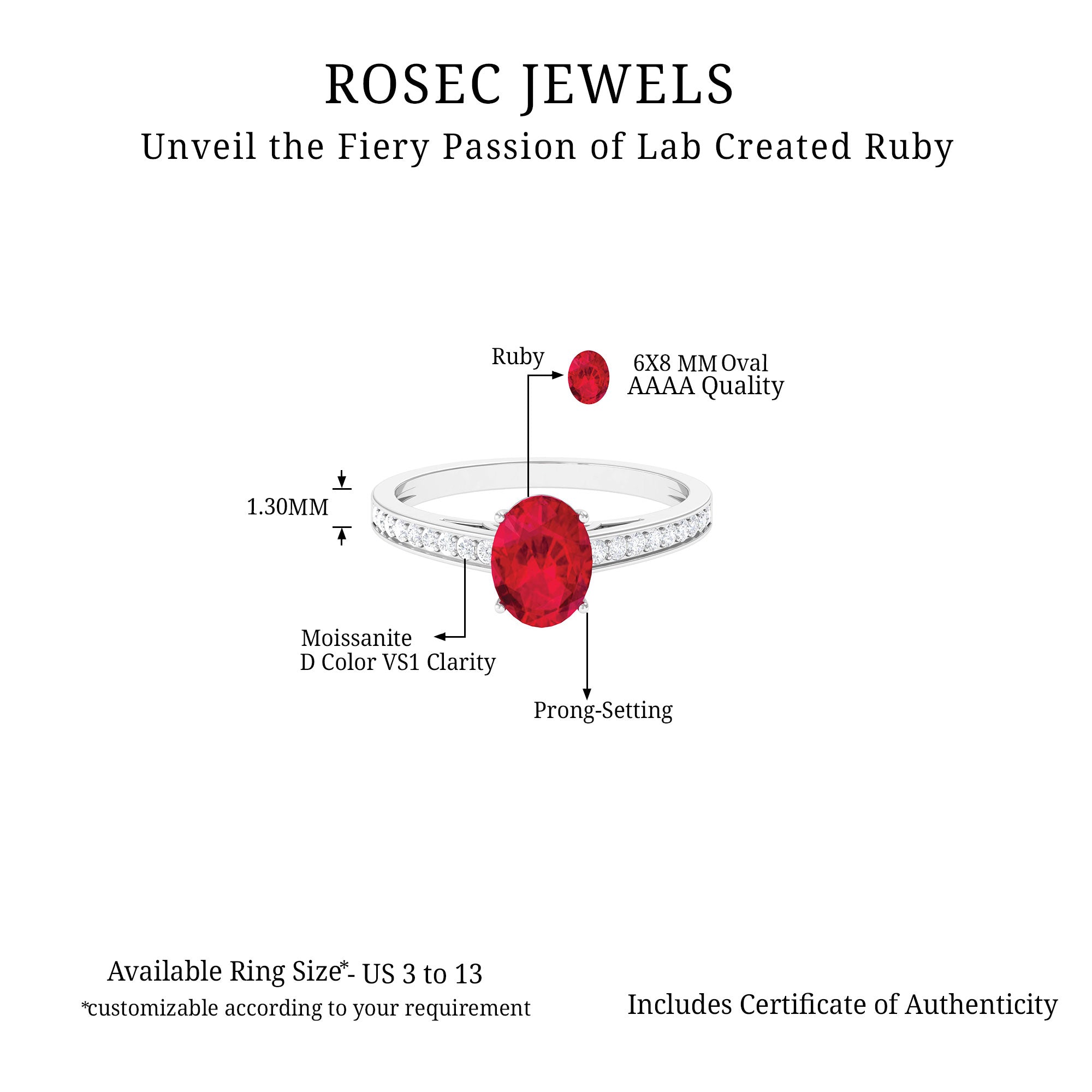 Oval Lab Grown Ruby Solitaire Ring with Moissanite Side Stones Lab Created Ruby - ( AAAA ) - Quality - Rosec Jewels