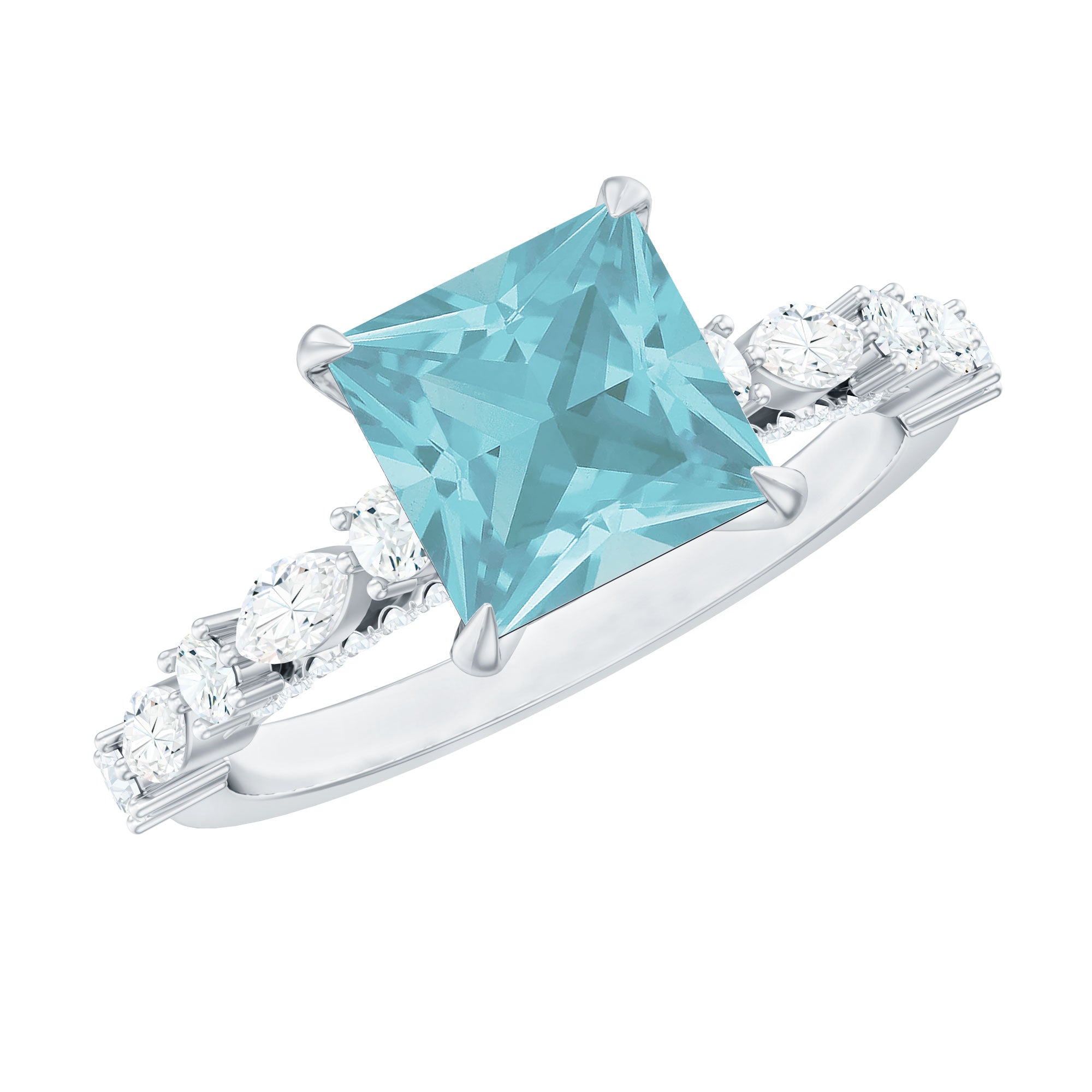 Princess Cut Sky Blue Topaz Solitaire Engagement Ring with Moissanite
