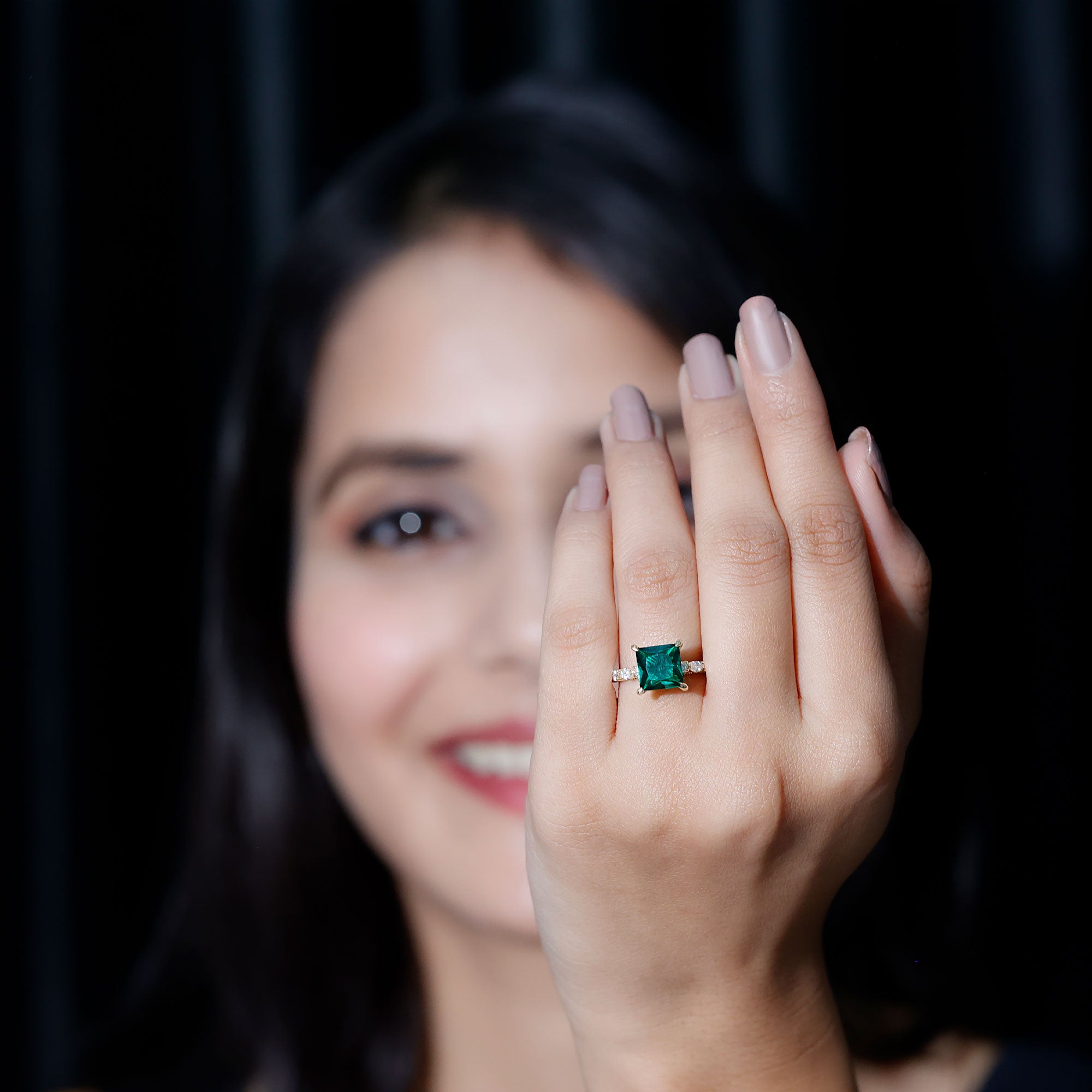 Rosec Jewels-8 MM Solitaire Lab Emerald Princess Cut Engagement Ring with Moissanite