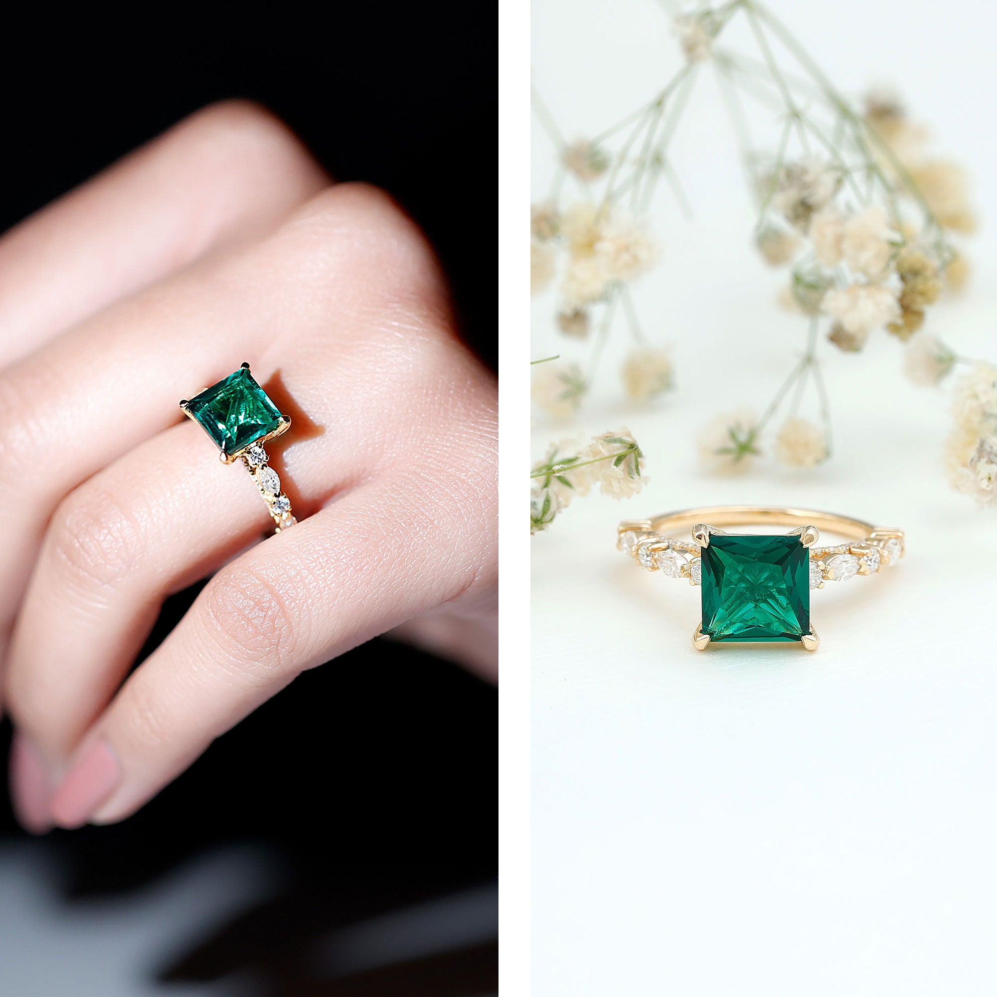 Rosec Jewels-8 MM Solitaire Lab Emerald Princess Cut Engagement Ring with Moissanite