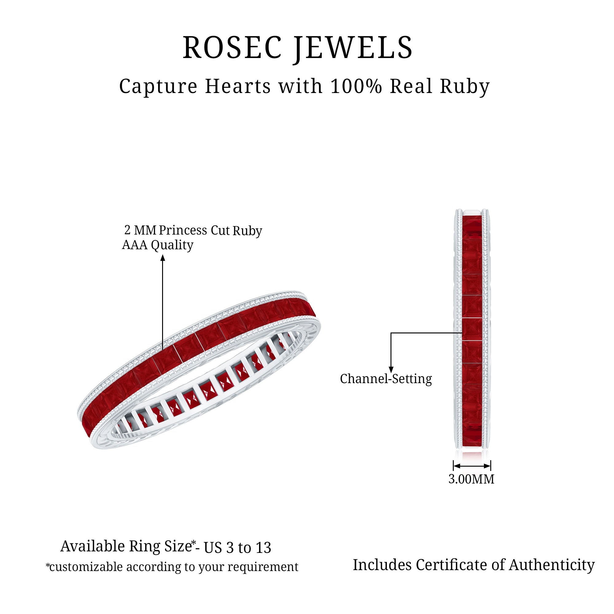 Genuine 1.7 Carat Princess Cut Ruby Eternity Wedding Ring for Women AAA - Rosec Jewels