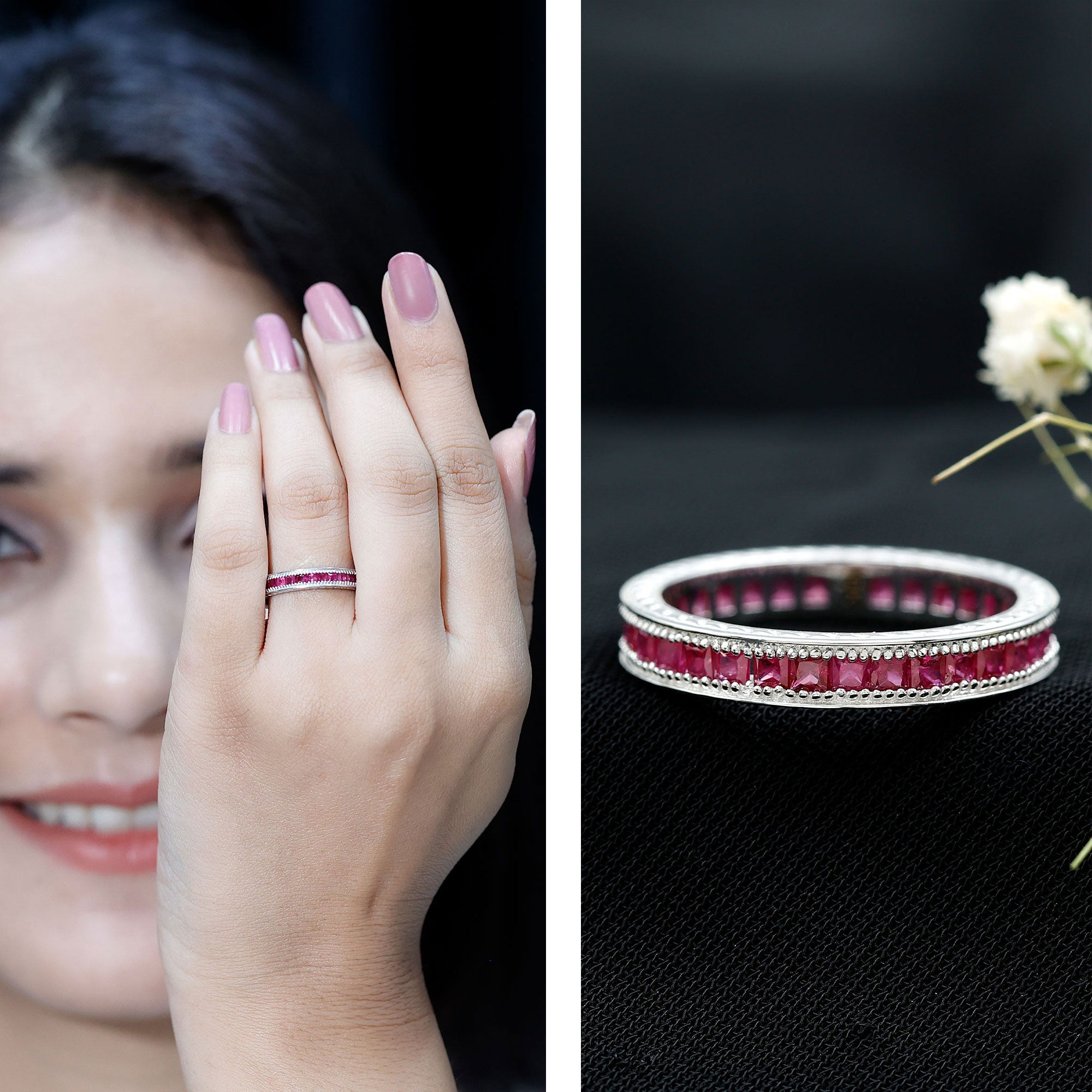 Genuine 1.7 Carat Princess Cut Ruby Eternity Wedding Ring for Women AAA - Rosec Jewels