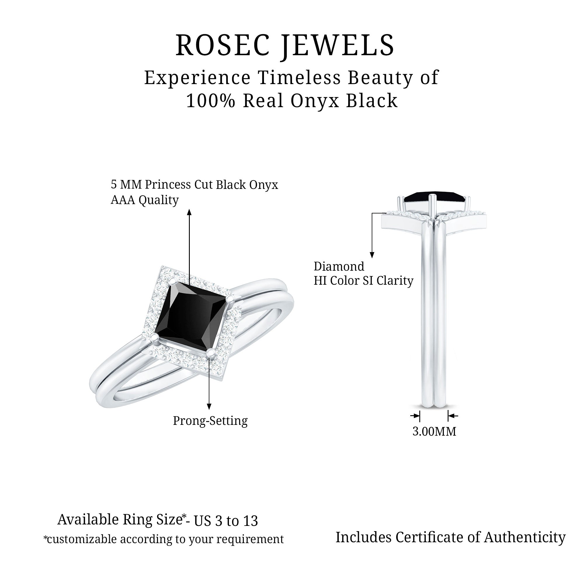 Rosec Jewels-Real Black Onyx and Diamond Princess Cut Engagement Ring With Ring Guard