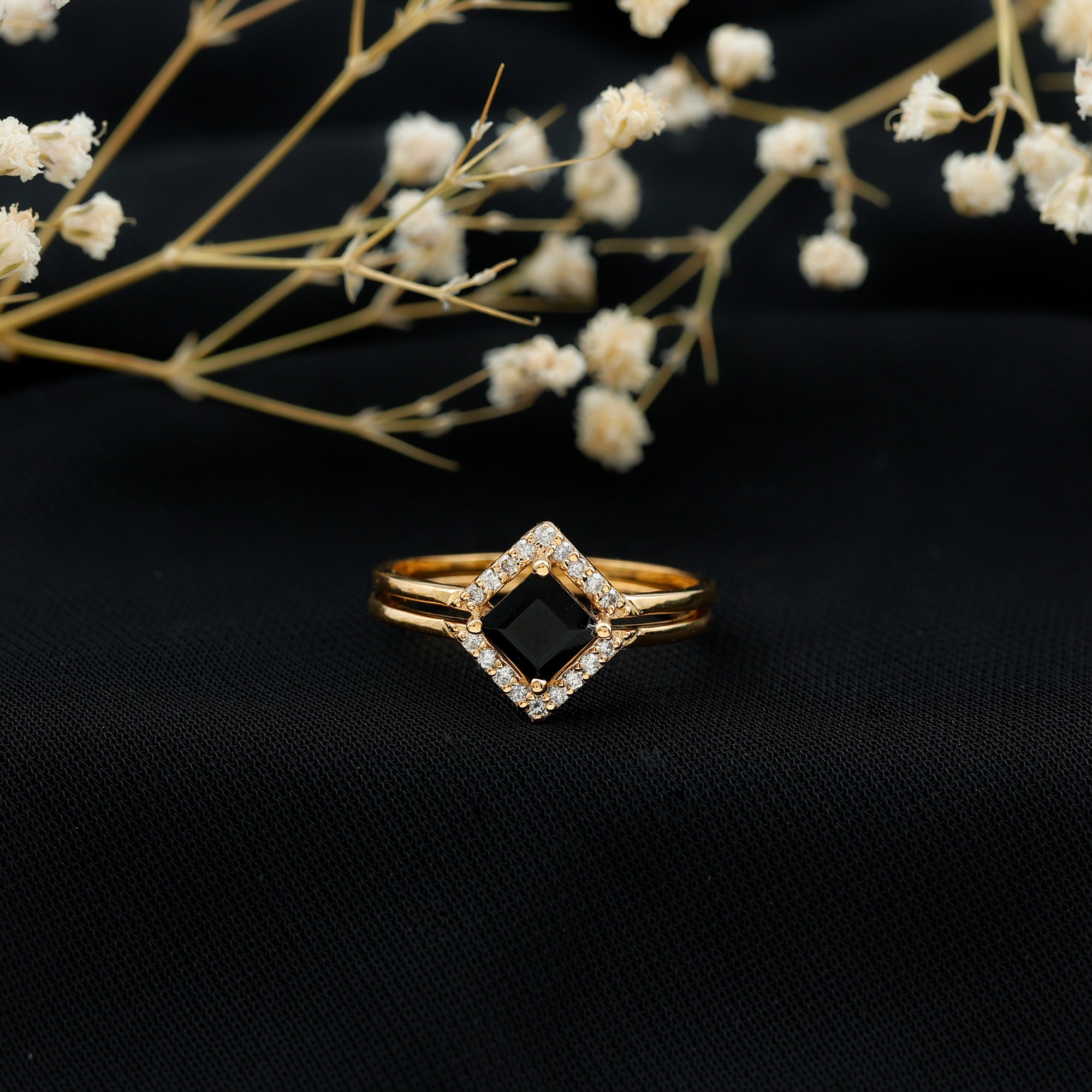Rosec Jewels-Real Black Onyx and Diamond Princess Cut Engagement Ring With Ring Guard