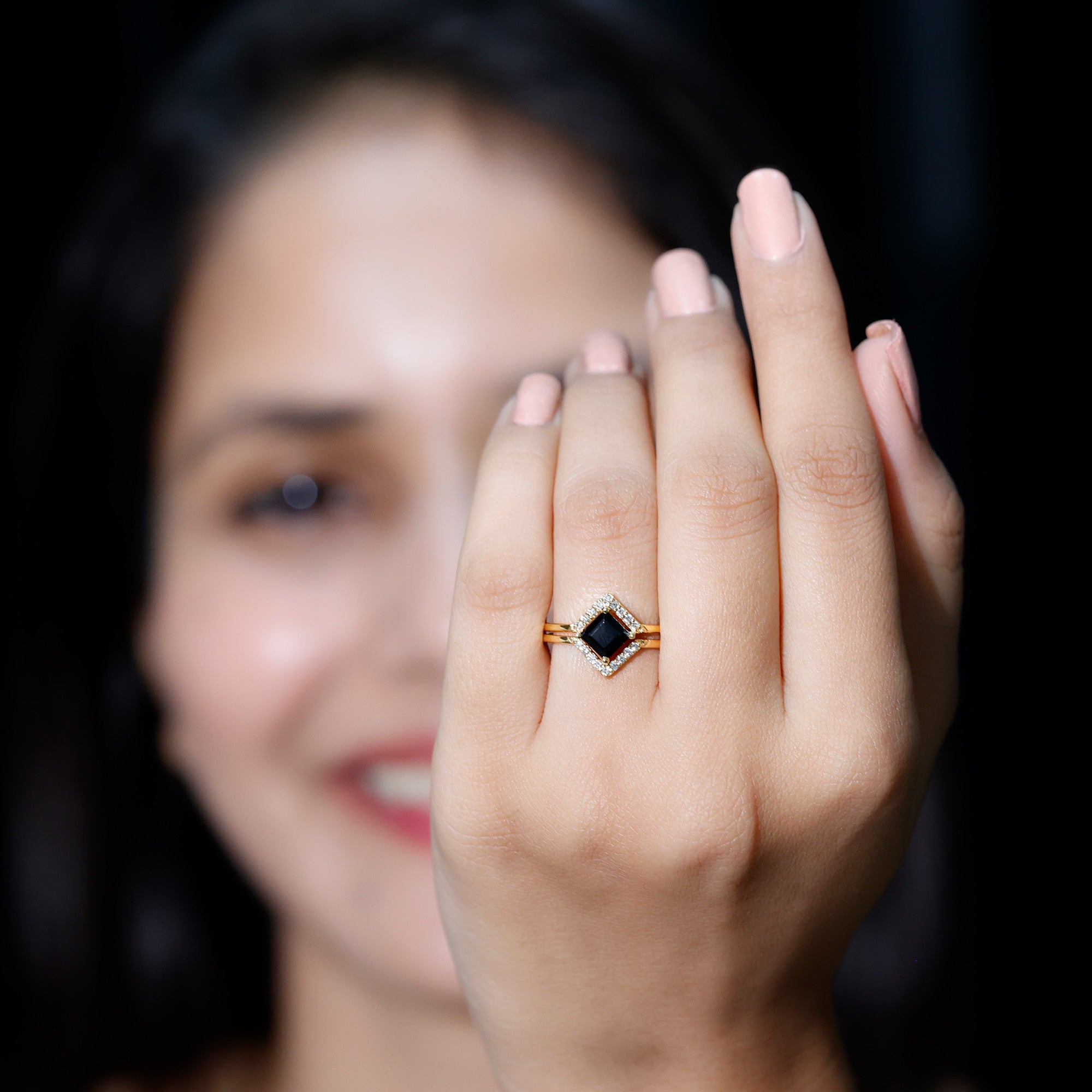 Rosec Jewels-Real Black Onyx and Diamond Princess Cut Engagement Ring With Ring Guard