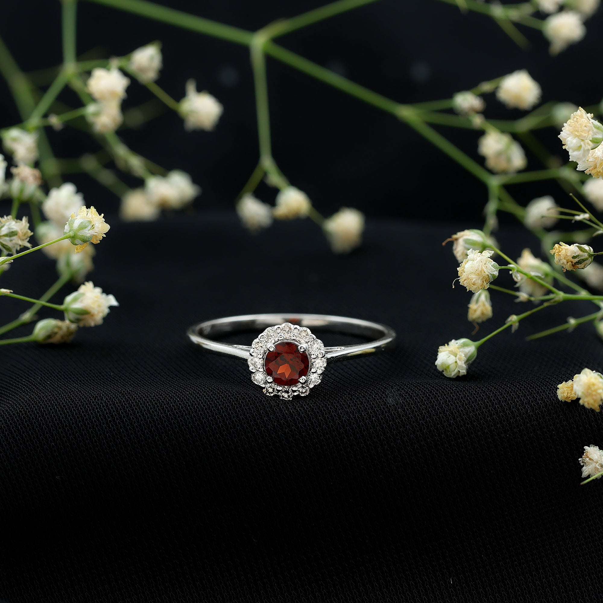 Certified Real 8 mm Garnet Engagement Ring with Diamond Halo AAA - Rosec Jewels