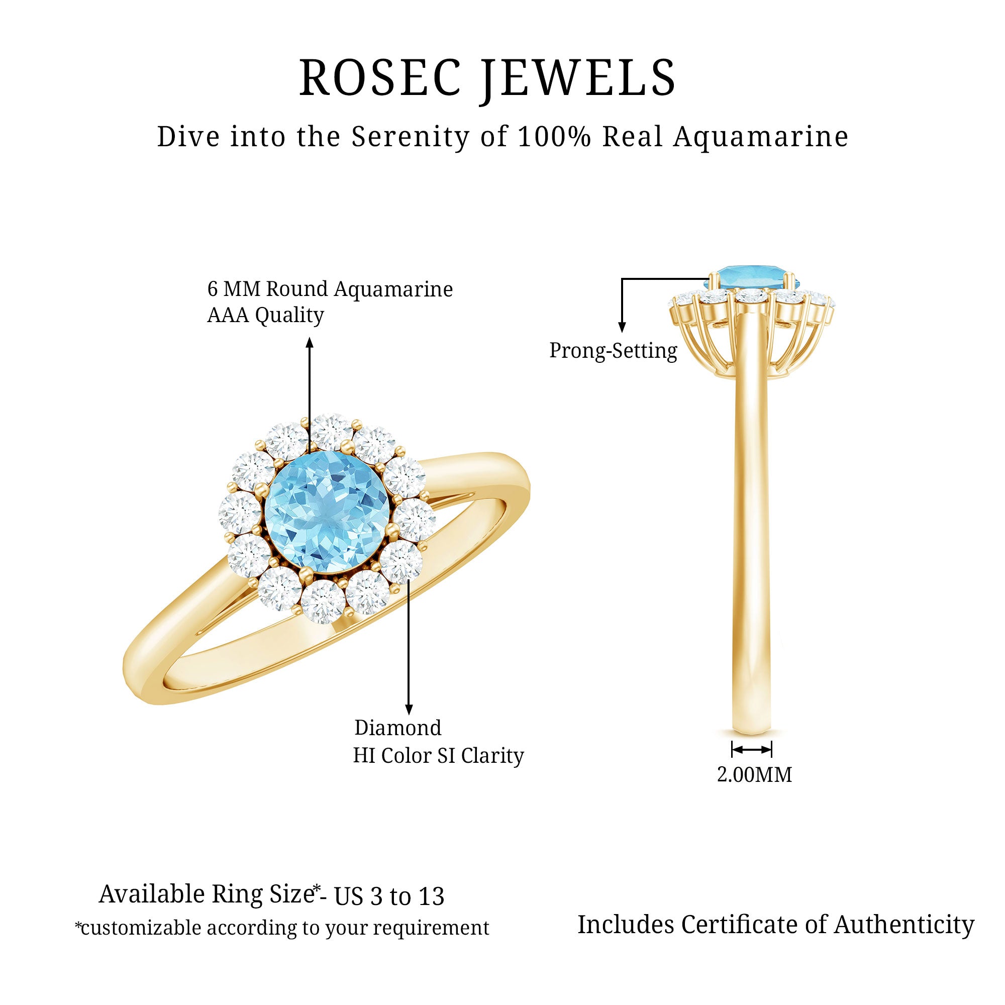 Rosec Jewels-1 CT Aquamarine and Diamond Floating Halo Engagement Ring