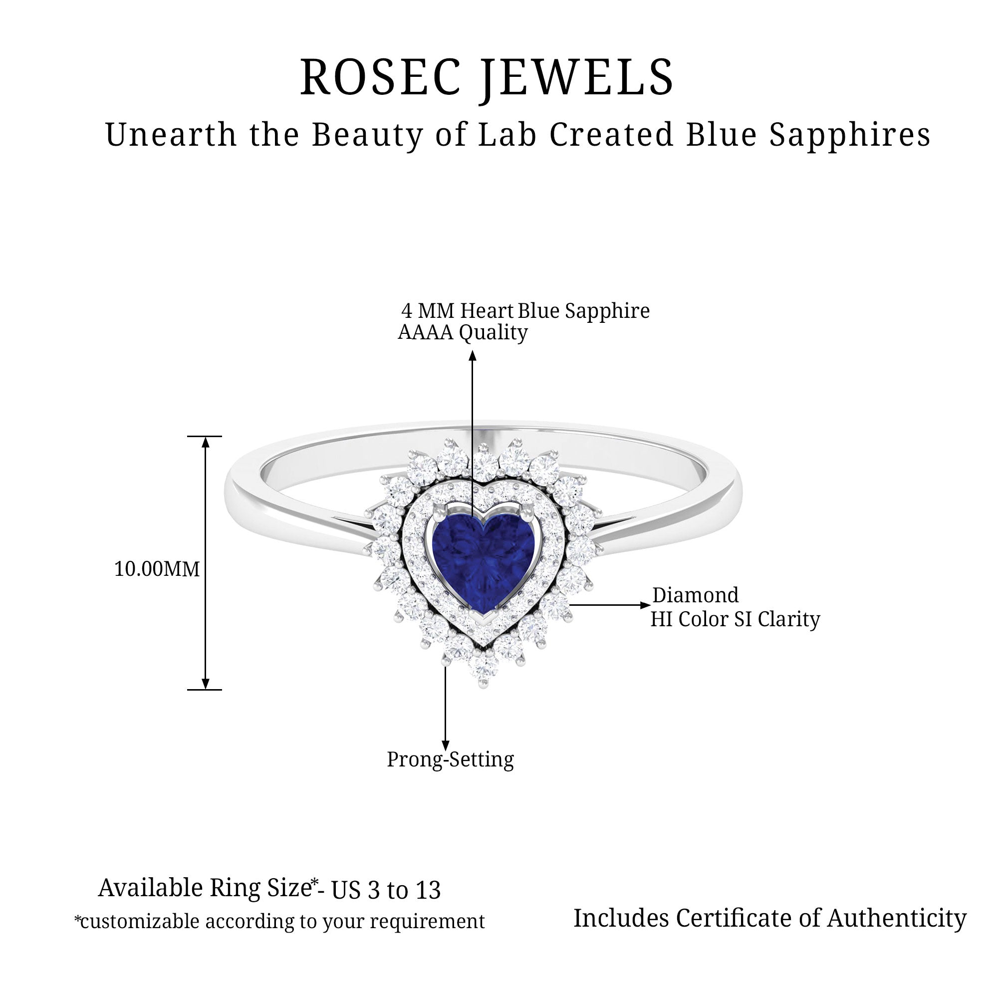 Created Blue Sapphire Heart Engagement Ring with Diamond Double Halo Lab Created Blue Sapphire - ( AAAA ) - Quality - Rosec Jewels