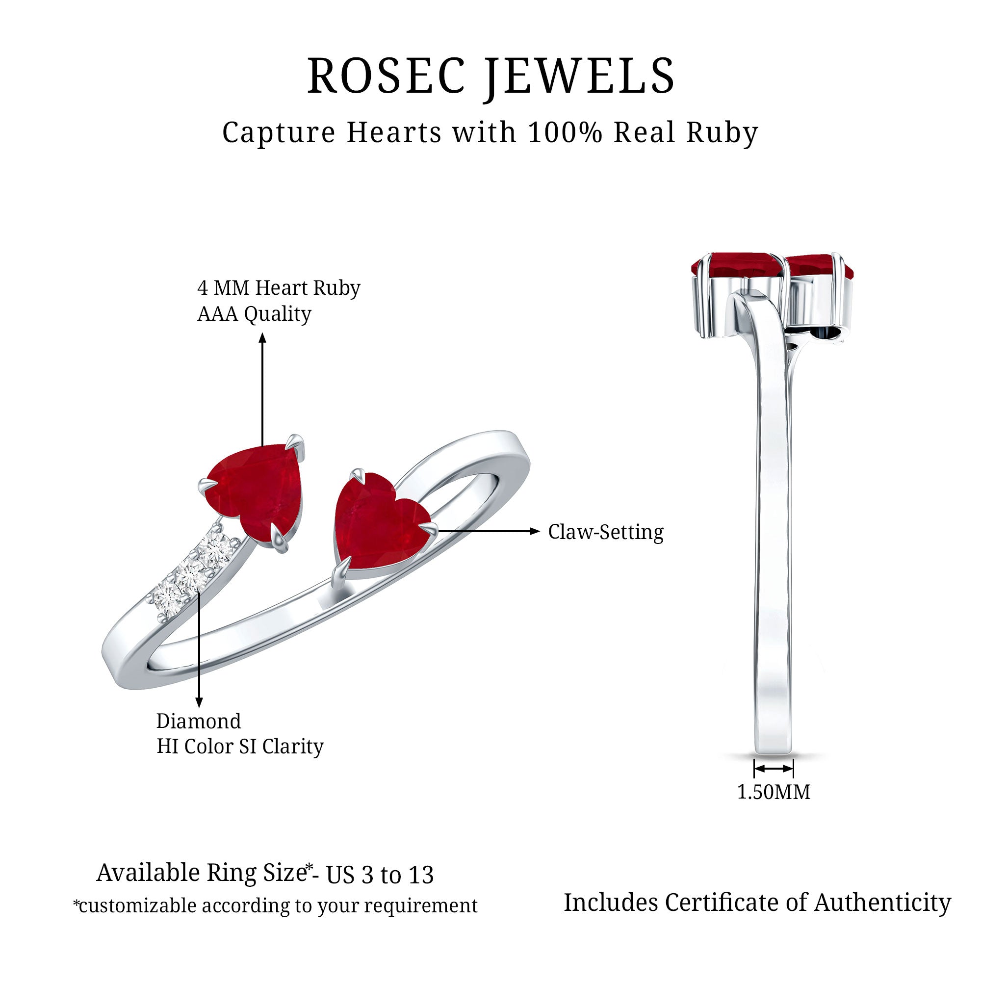 Real Heart Shape Ruby Toi Et Moi Promise Ring with Diamond AAA - Rosec Jewels