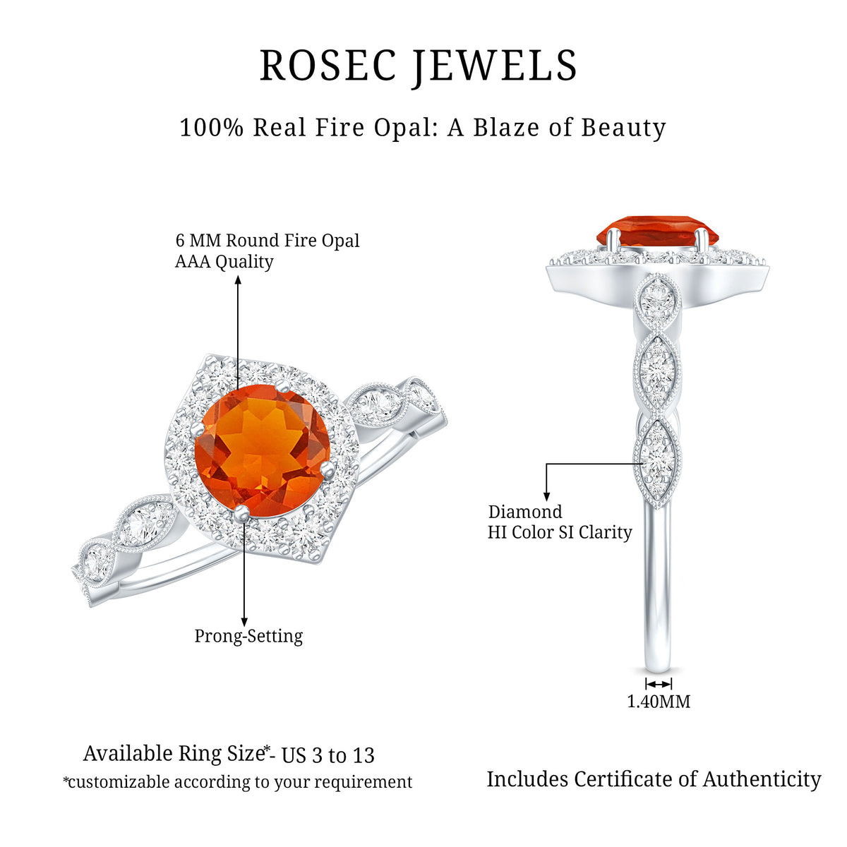 Vintage Style Fire Opal Engagement Ring with Diamond Accent AAA - Rosec Jewels