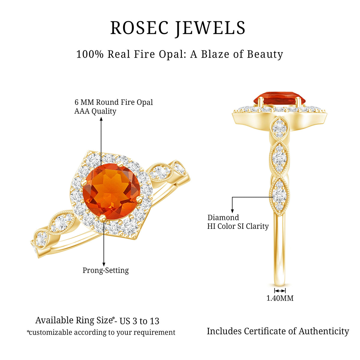 Vintage Style Fire Opal Engagement Ring with Diamond Accent AAA - Rosec Jewels