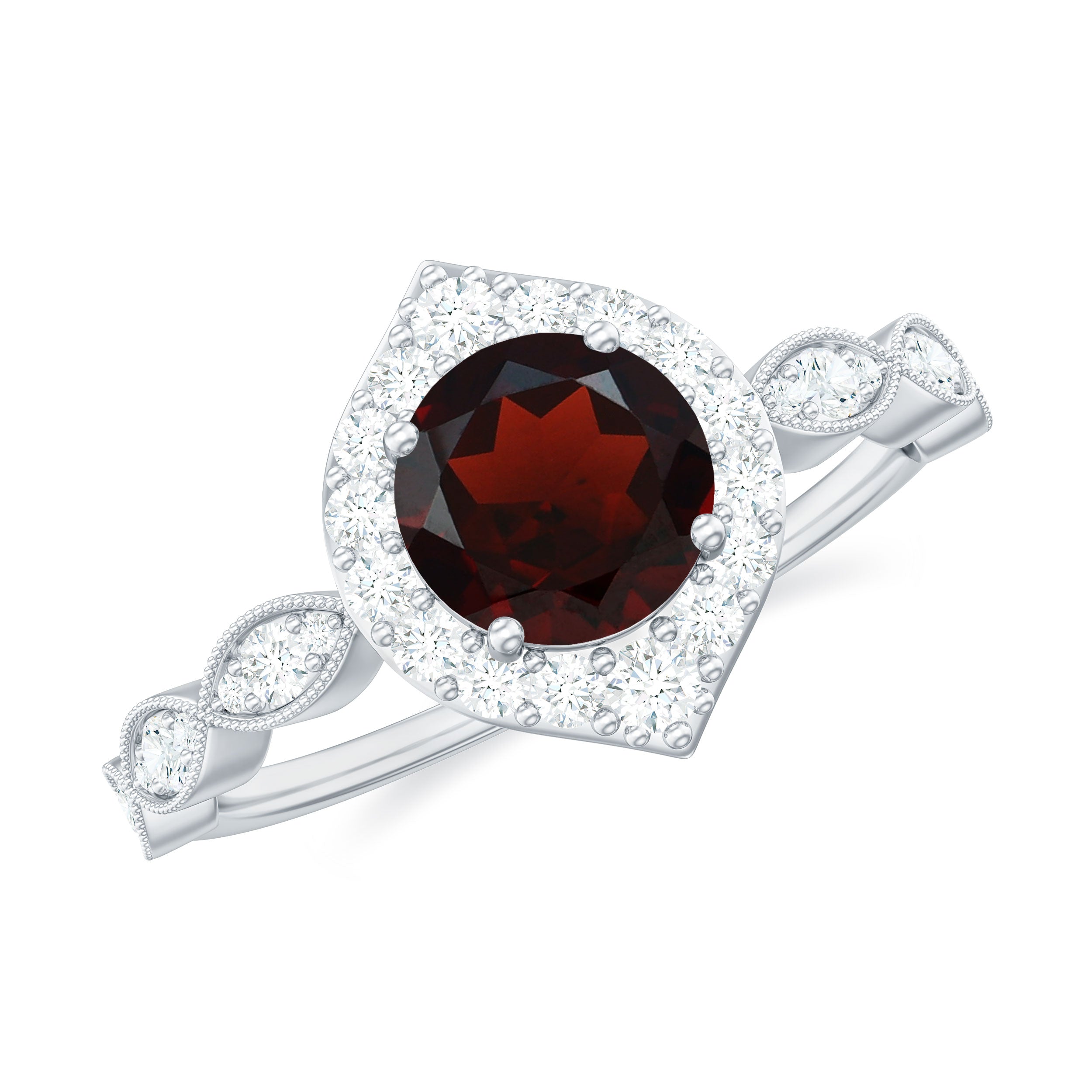 Vintage Style Garnet Engagement Ring with Diamond Accent