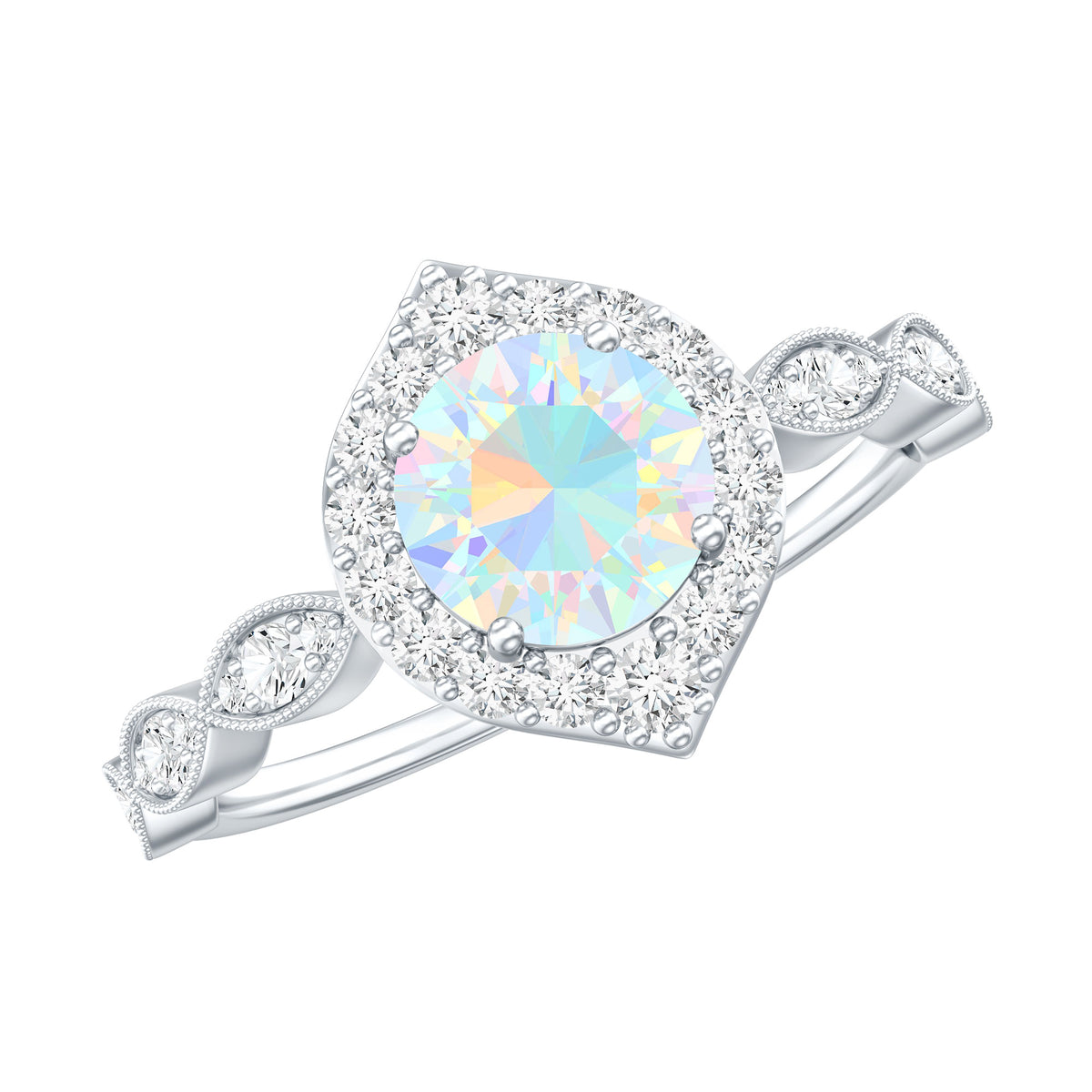 Vintage Looking Ethiopian Opal Engagement Ring with Real Diamond Halo AAA - Rosec Jewels