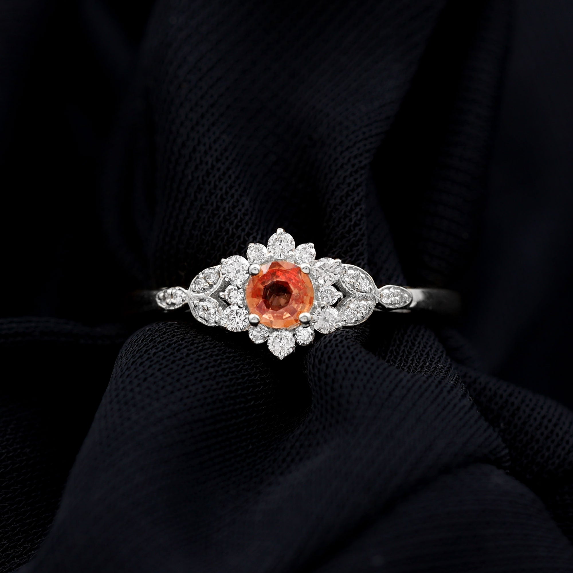 Orange Sapphire Flower Engagement Ring with Diamond Halo Orange Sapphire - ( AAA ) - Quality - Rosec Jewels