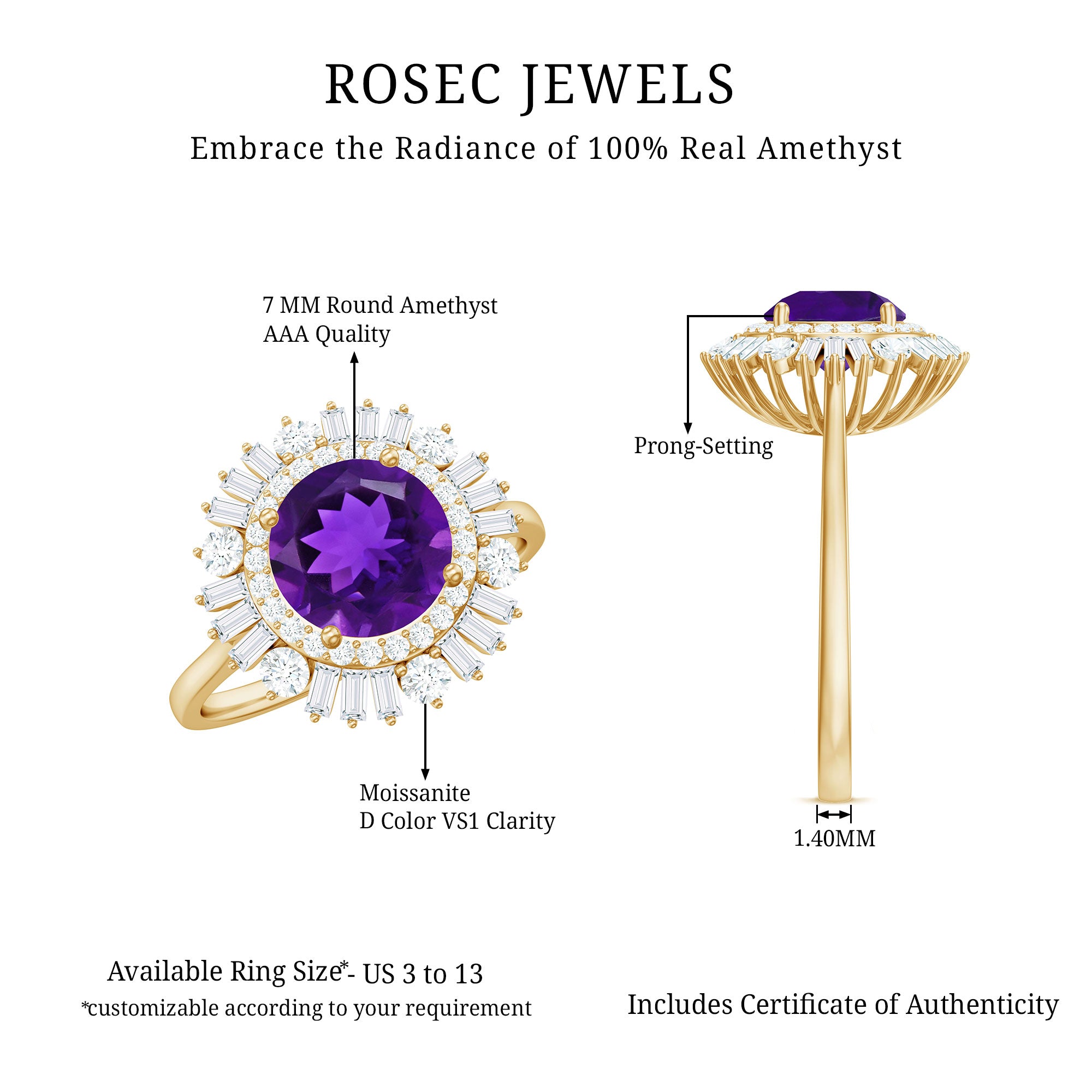 Natural 1.2 Carat Amethyst Statement Engagement Ring with Moissanite Double Halo AAA - Rosec Jewels