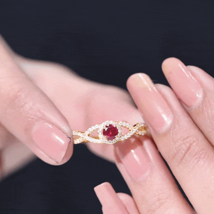 Criss Cross Shank Created Ruby and Diamond Halo Engagement Ring AAAA - Rosec Jewels