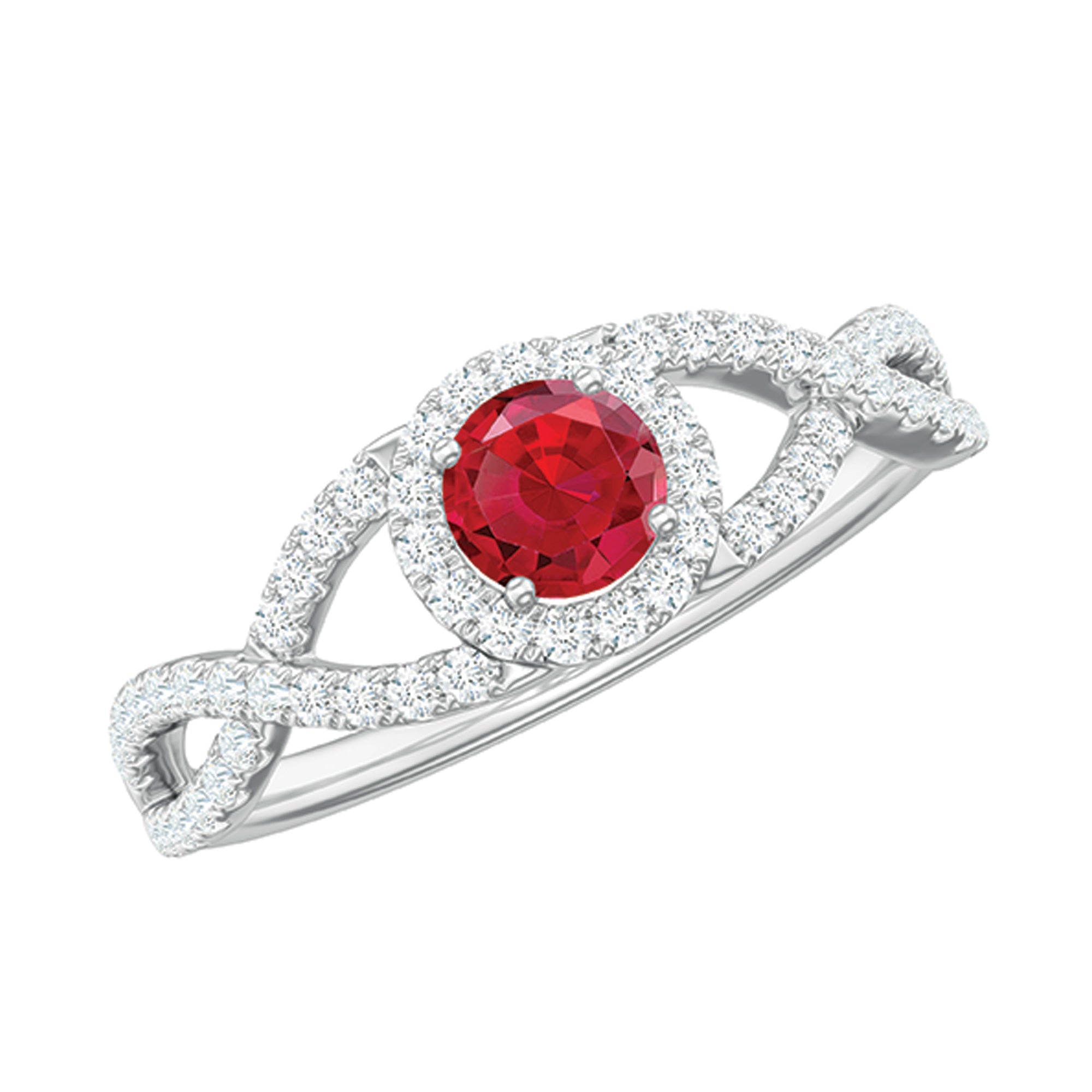 Criss Cross Shank Created Ruby and Diamond Halo Engagement Ring AAAA - Rosec Jewels