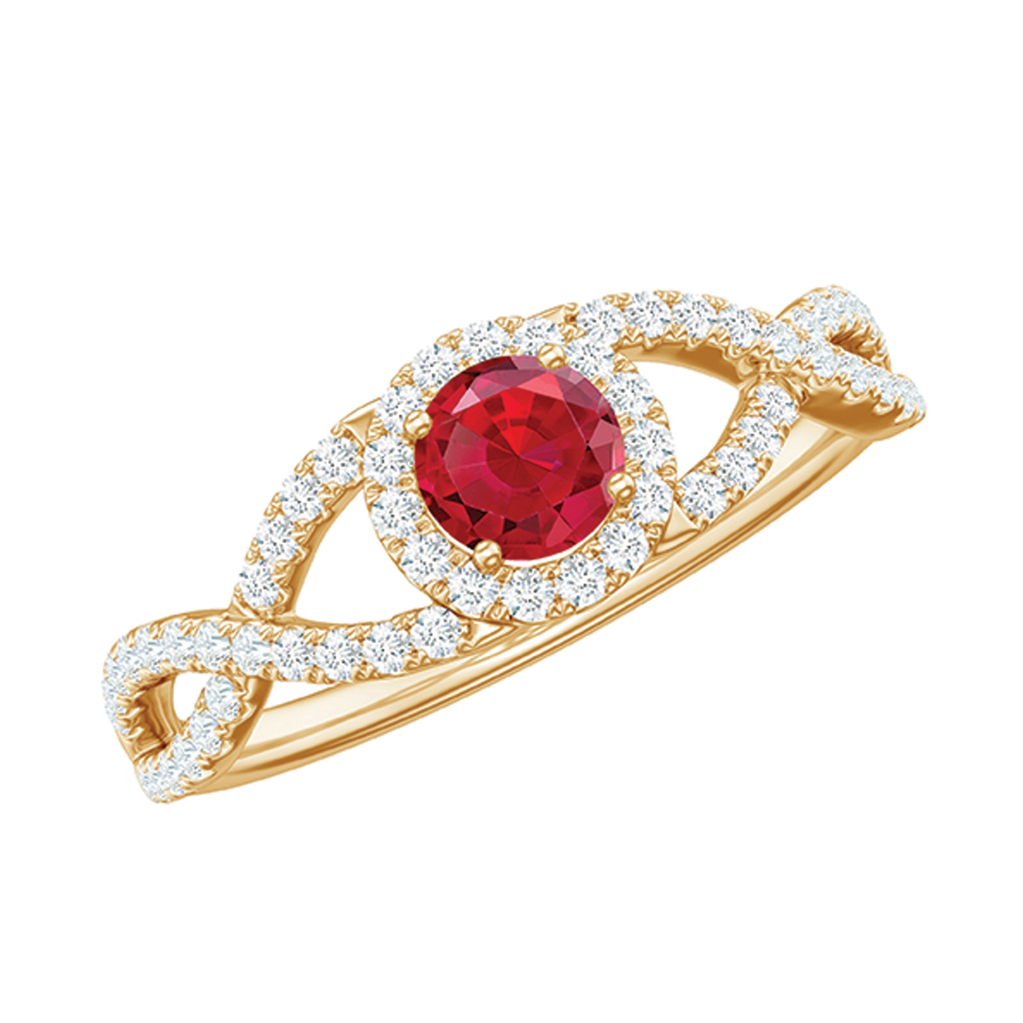 Criss Cross Shank Created Ruby and Diamond Halo Engagement Ring AAAA - Rosec Jewels