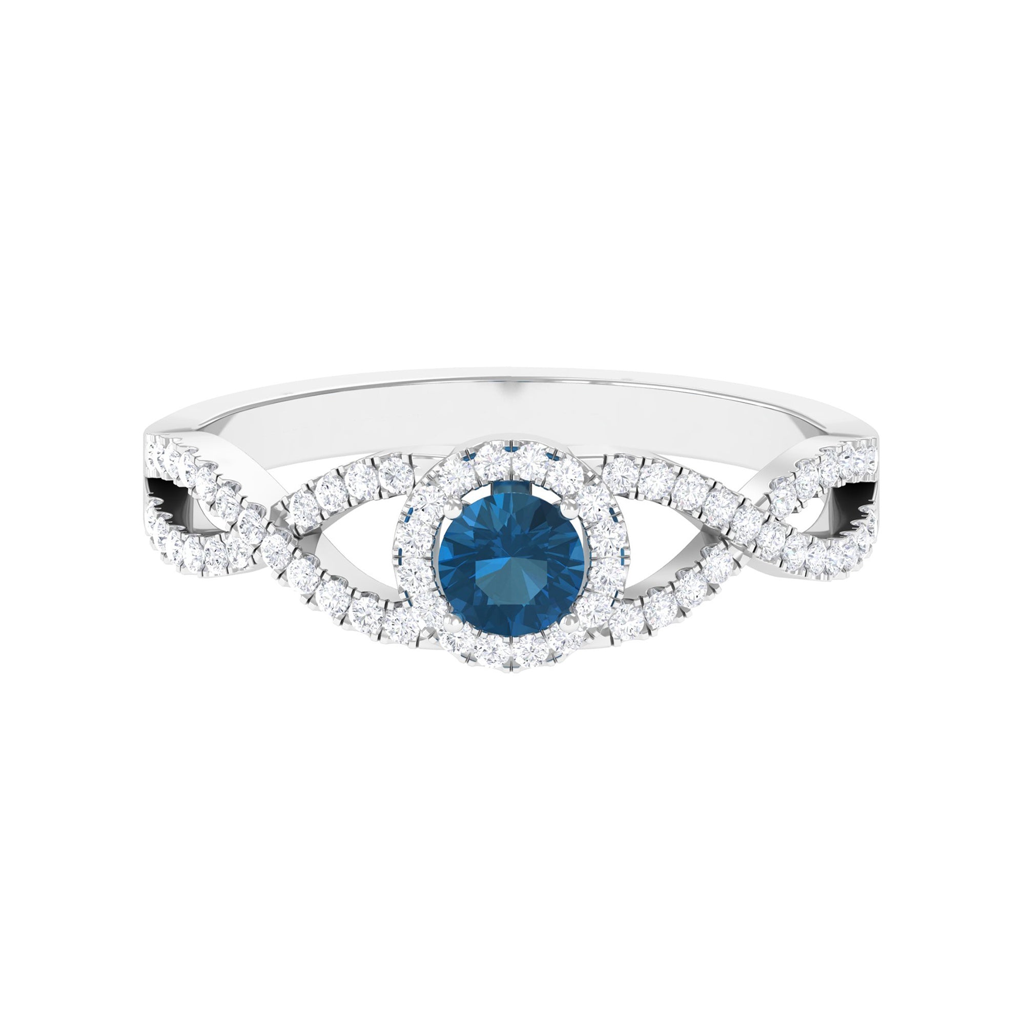 Criss Cross Shank London Blue Topaz and Diamond Halo Engagement Ring London Blue Topaz - ( AAA ) - Quality - Rosec Jewels