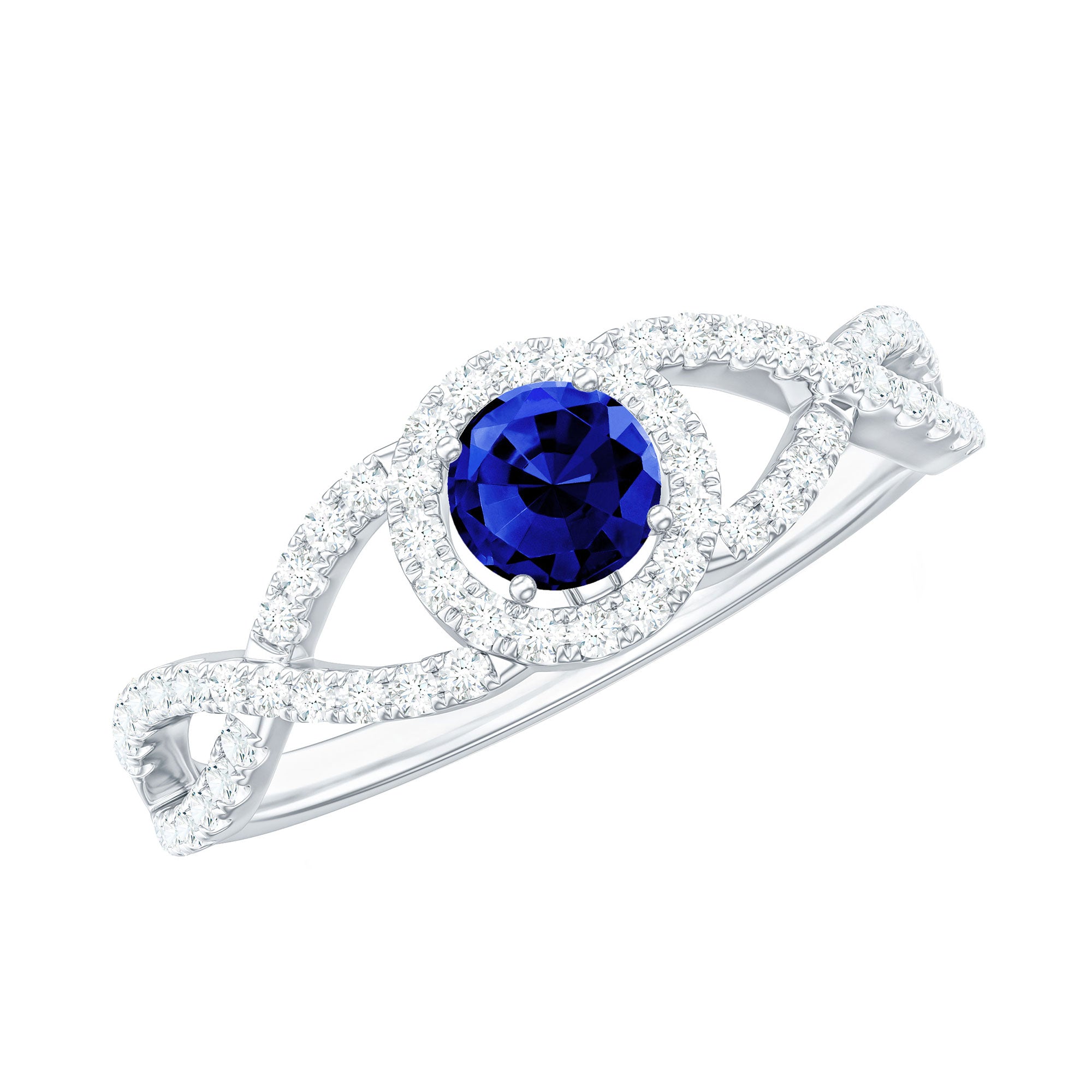 Round Created Blue Sapphire Crisscross Engagement Ring with Moissanite Halo