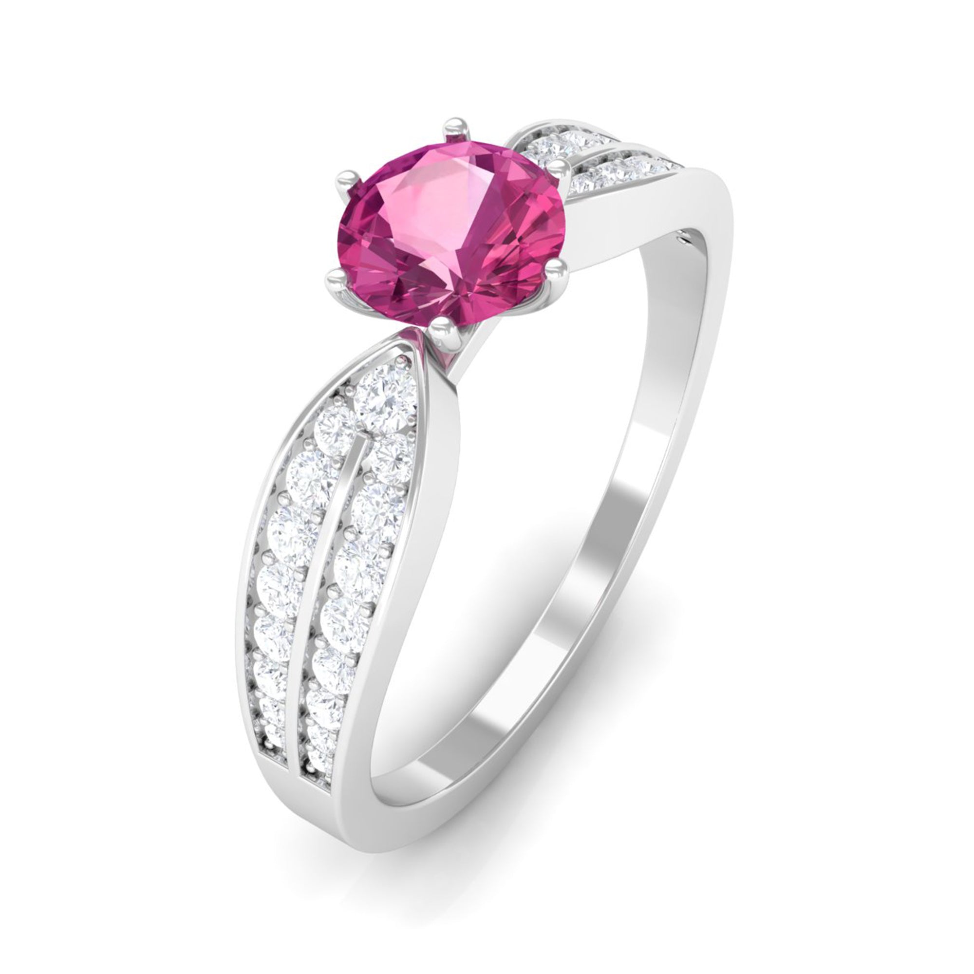 1 CT Six Prong Set Pink Tourmaline Engagement Ring with Diamond Side Stones AAA - Rosec Jewels