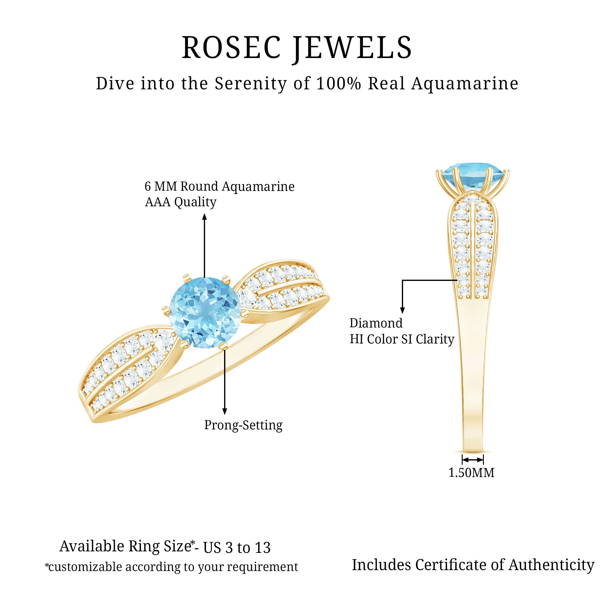 Real Aquamarine Elegant Engagement Ring with Diamond Side Stones AAA - Rosec Jewels