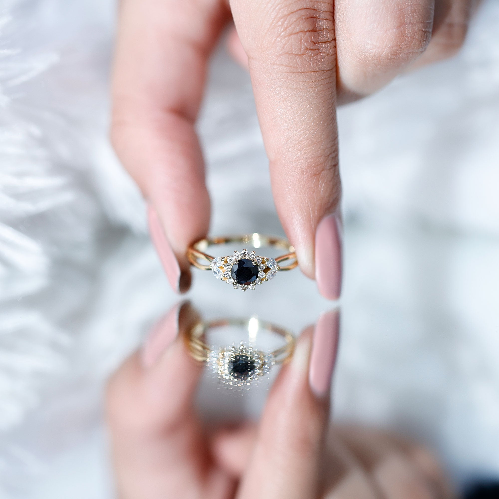 Rosec Jewels-Split Shank Created Black Diamond Flower Ring with Diamond Accent