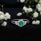 Real Emerald and Diamond Flower Engagement Ring with Split Shank AAA - Rosec Jewels