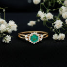Real Emerald and Diamond Flower Engagement Ring with Split Shank AAA - Rosec Jewels