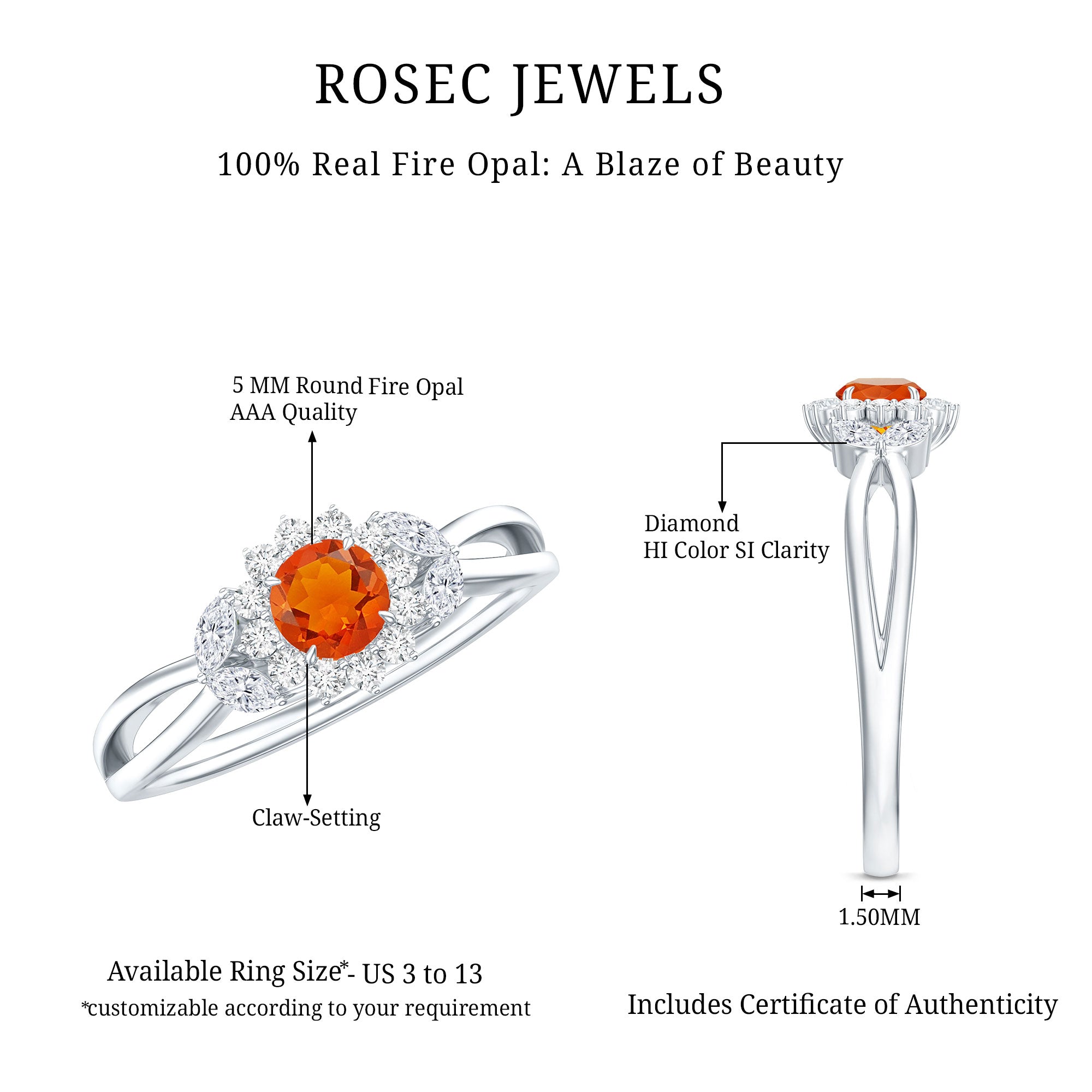 Rosec Jewels-Fire Opal and Diamond Flower Engagement Ring with Split Shank