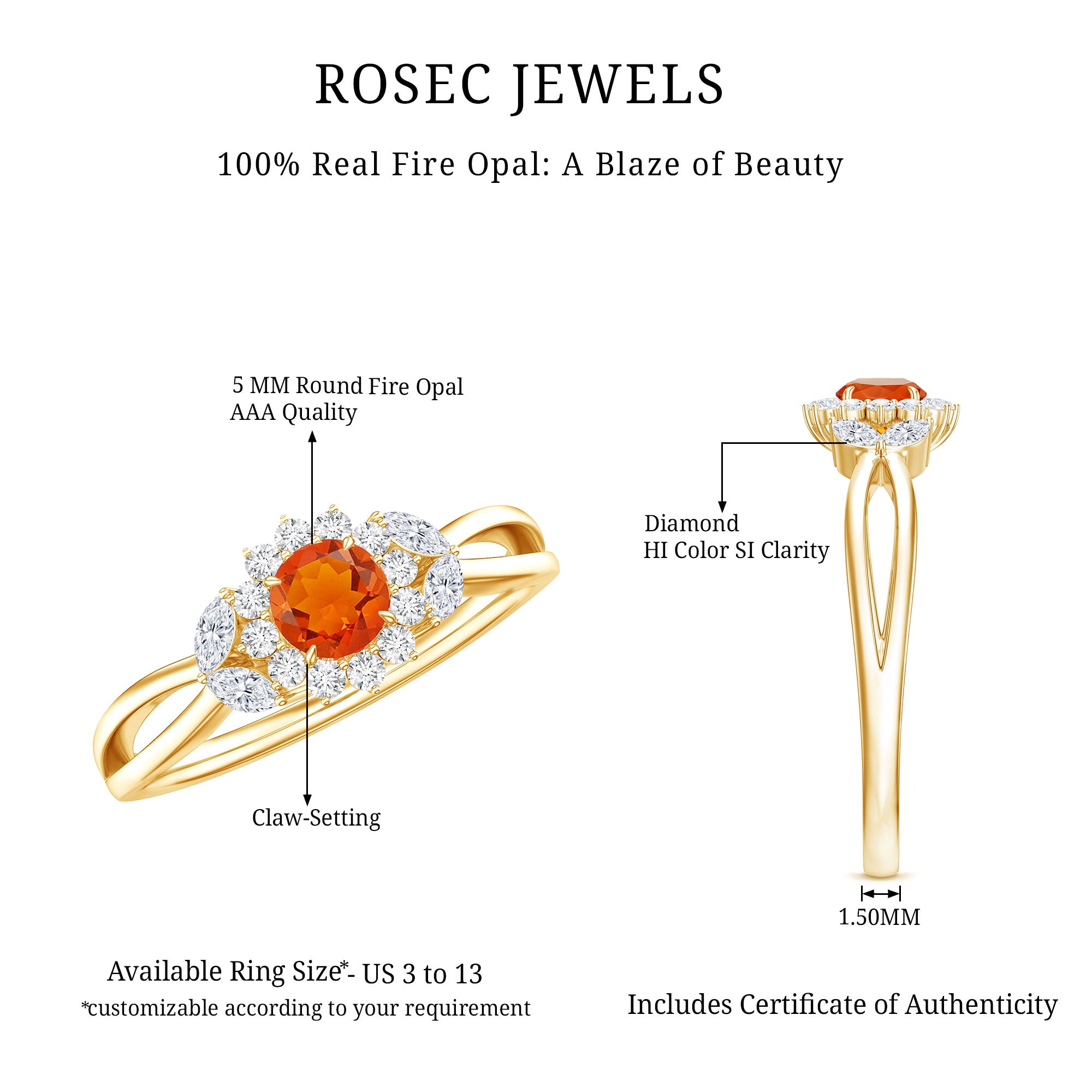 Rosec Jewels-Fire Opal and Diamond Flower Engagement Ring with Split Shank