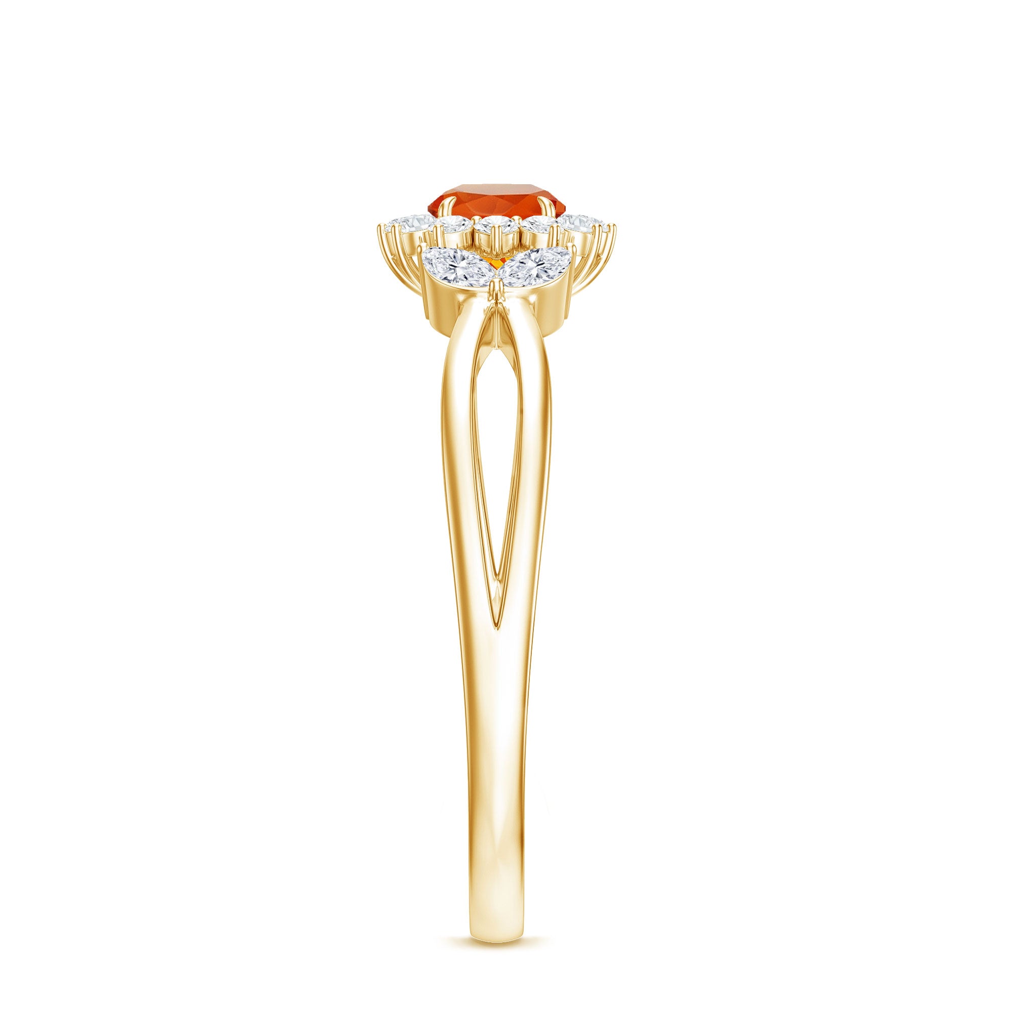 Rosec Jewels-Fire Opal and Diamond Flower Engagement Ring with Split Shank