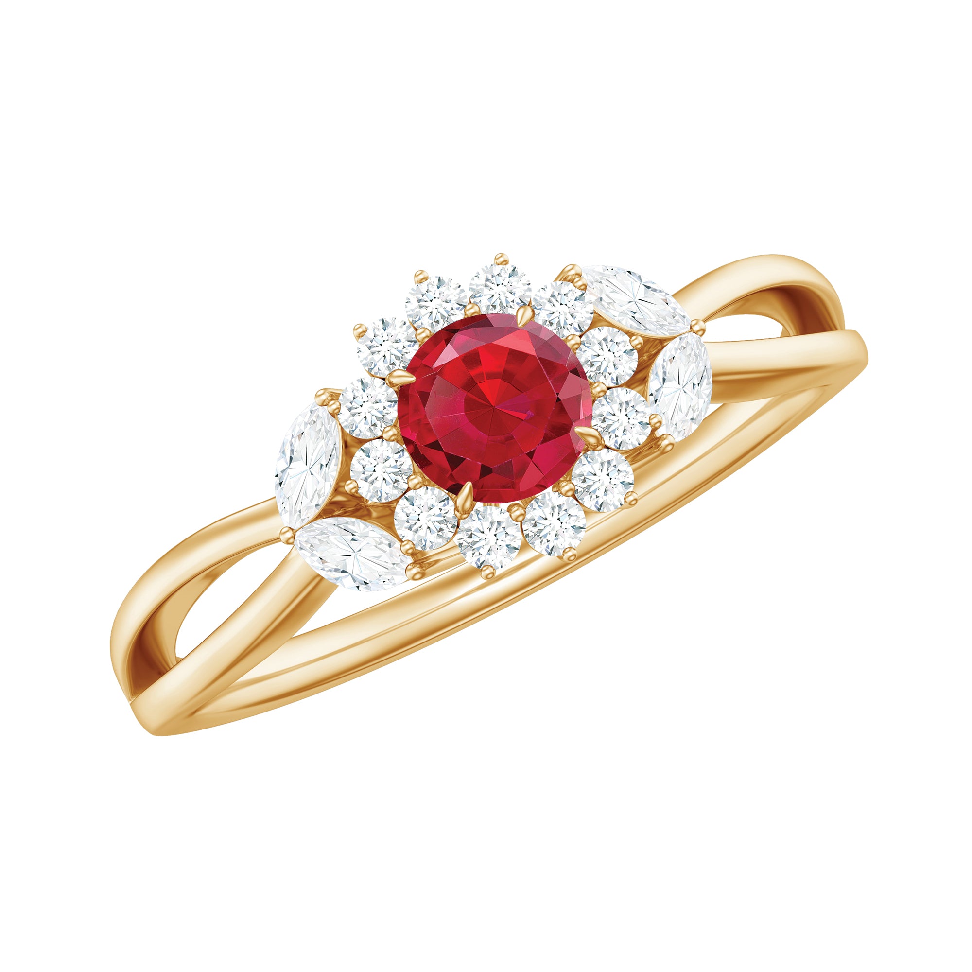 Lab Ruby and Diamond Flower Engagement Ring in Split Shank AAAA - Rosec Jewels
