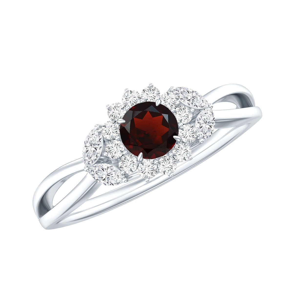 Natural Garnet Diamond Flower Engagement Ring with Split Shank AAA - Rosec Jewels