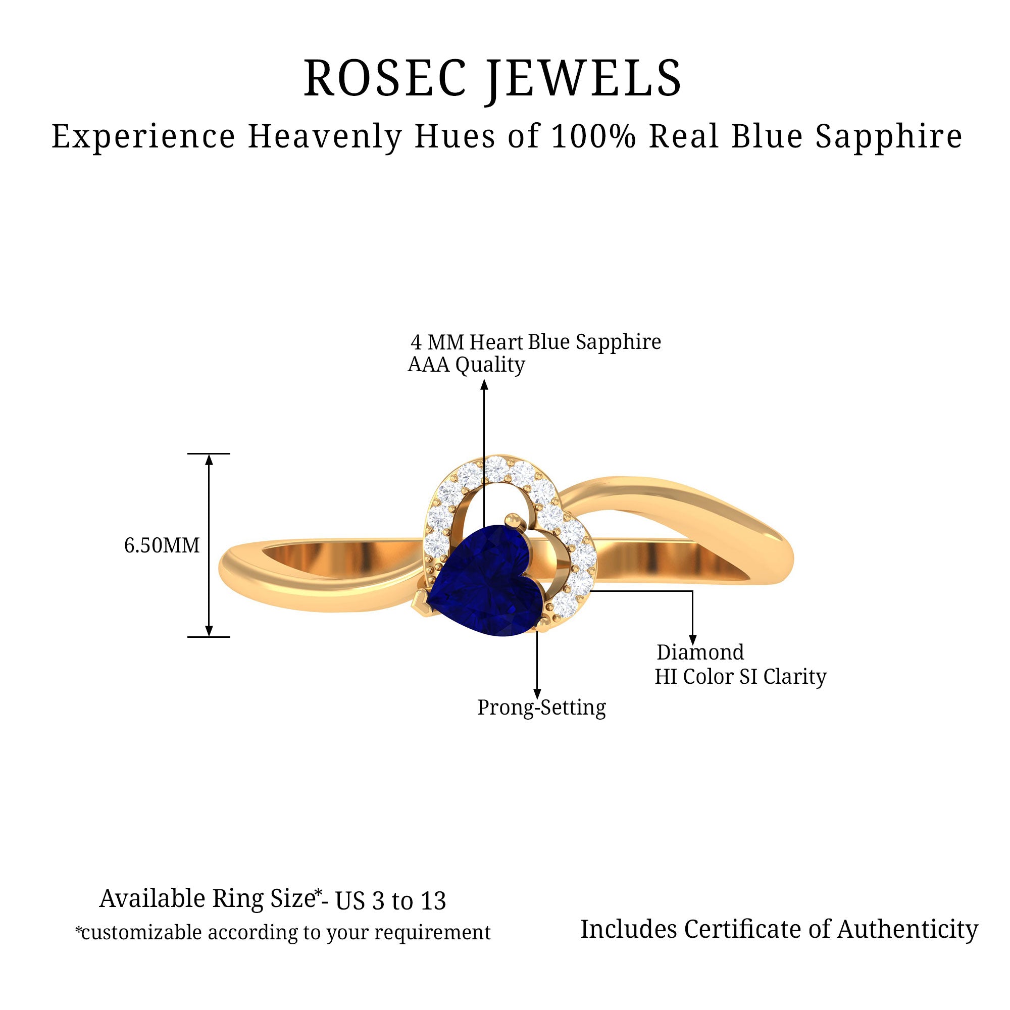 1/2 CT Blue Sapphire Heart Promise Ring with Diamond Blue Sapphire - ( AAA ) - Quality - Rosec Jewels