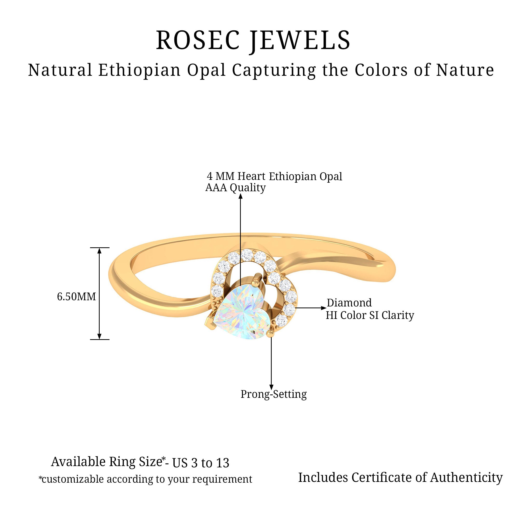 1/4 CT Ethiopian Opal Heart Promise Ring with Diamond Ethiopian Opal - ( AAA ) - Quality - Rosec Jewels