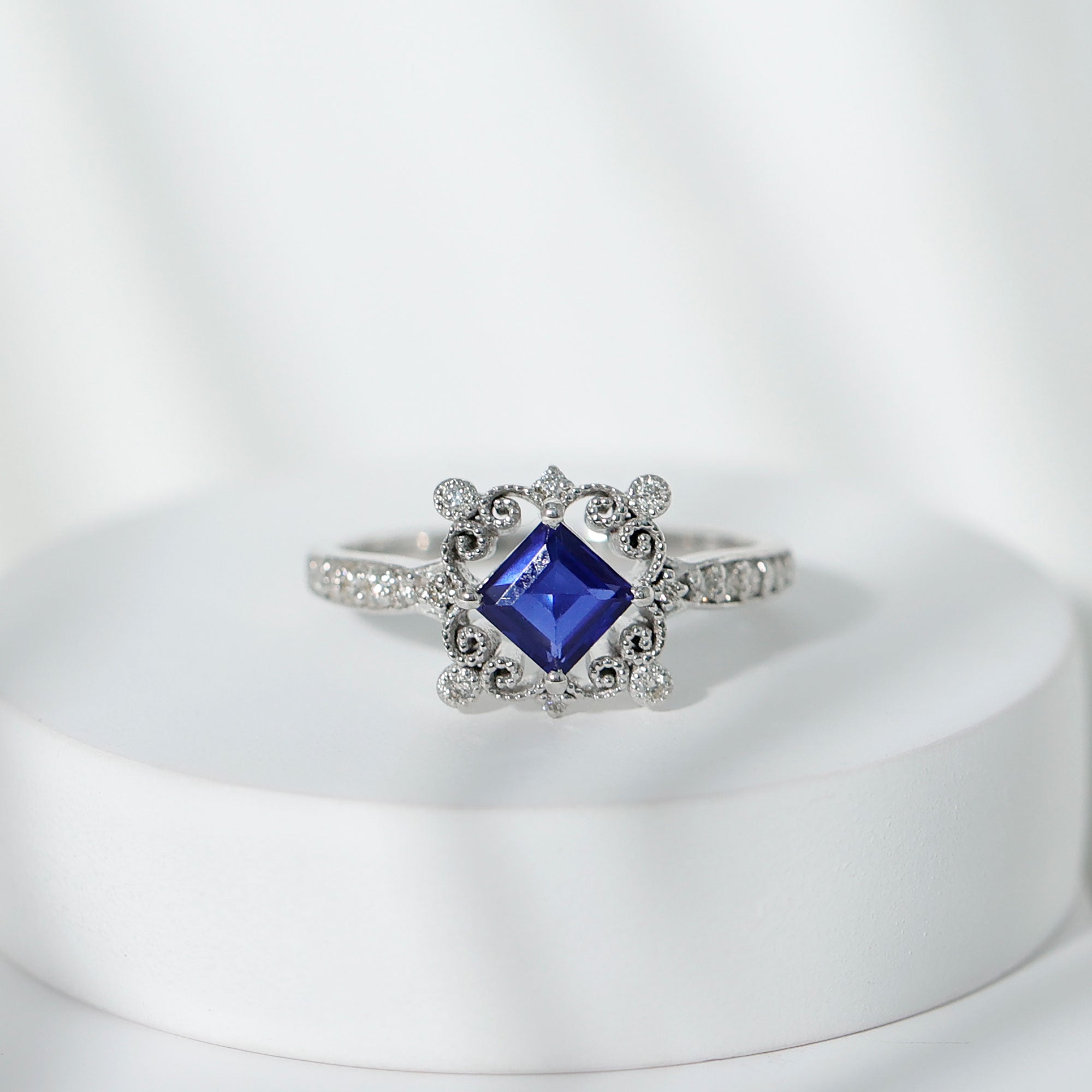 Antique Style Princess Cut Created Blue Sapphire and Diamond Engagement Ring Lab Created Blue Sapphire - ( AAAA ) - Quality - Rosec Jewels