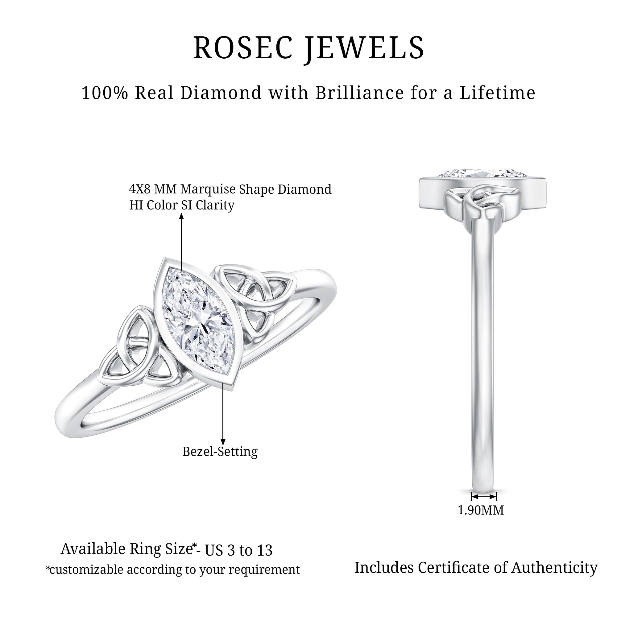 Natural Bezel Set Marquise Diamond Engagement Ring with Celtic Knot Natural - ( HI-SI ) - Rosec Jewels