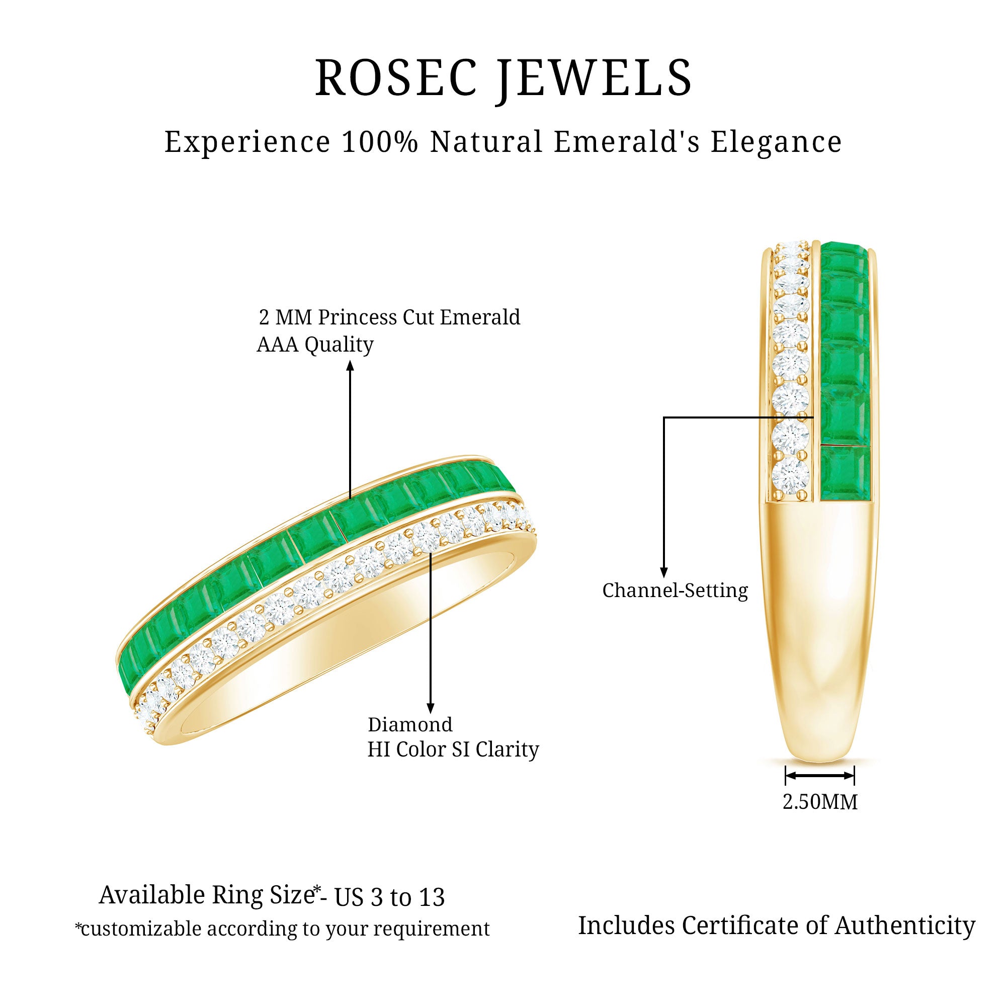 Natural Emerald and Diamond Half Eternity Wedding Band AAA - Rosec Jewels