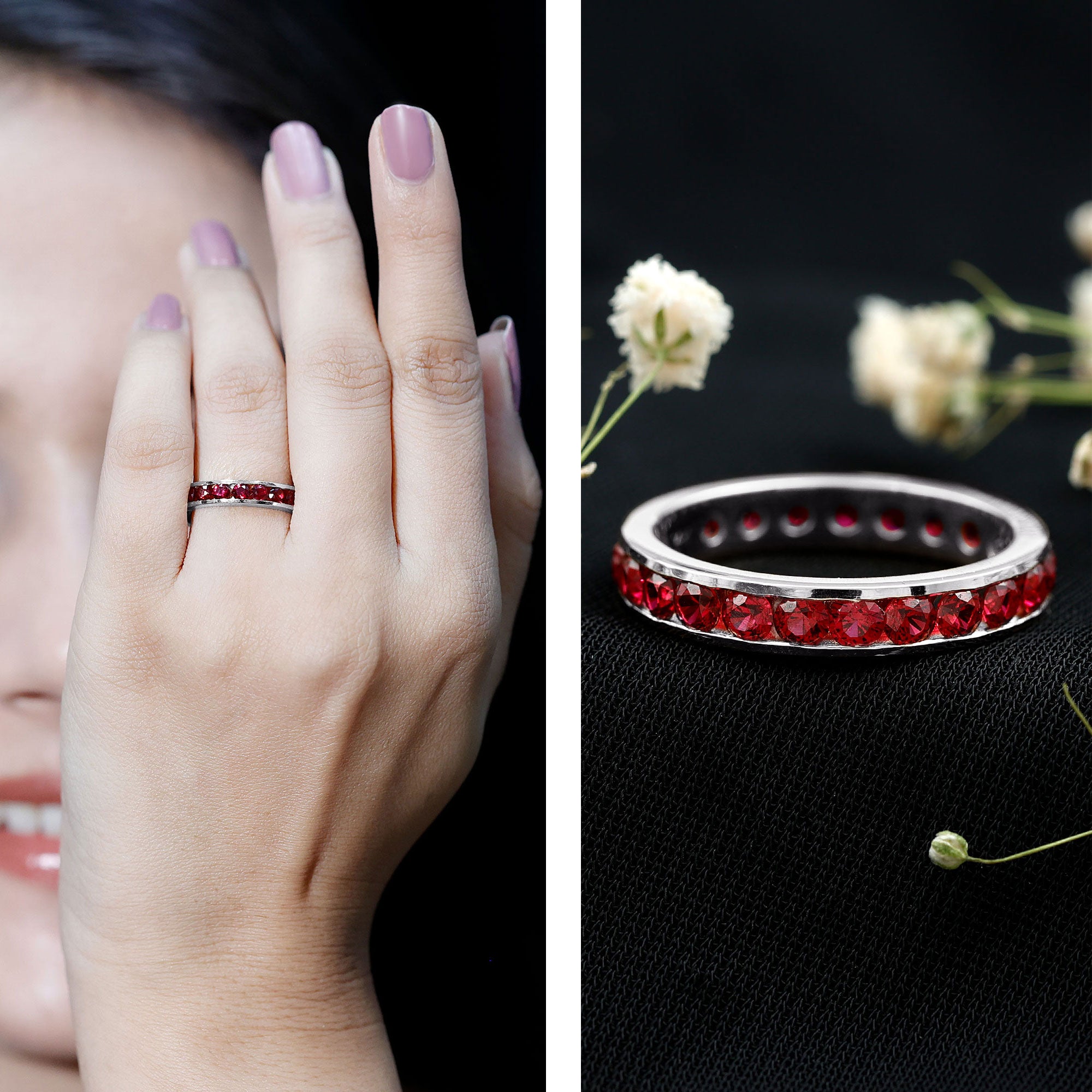 Rosec Jewels-Round Created Ruby Full Eternity Ring in Channel Setting